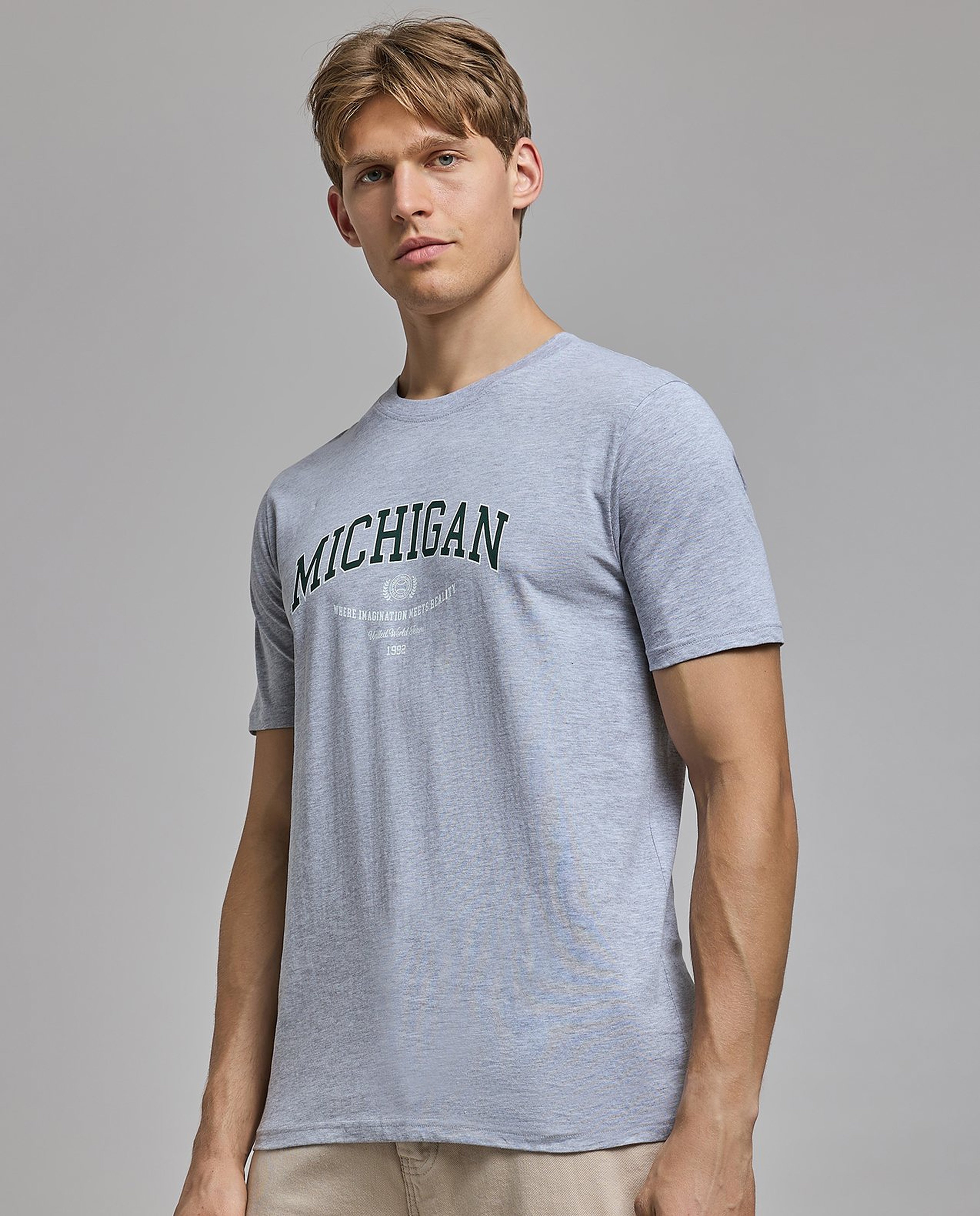 Typography Print T-Shirt with Crew Neck and Short Sleeves