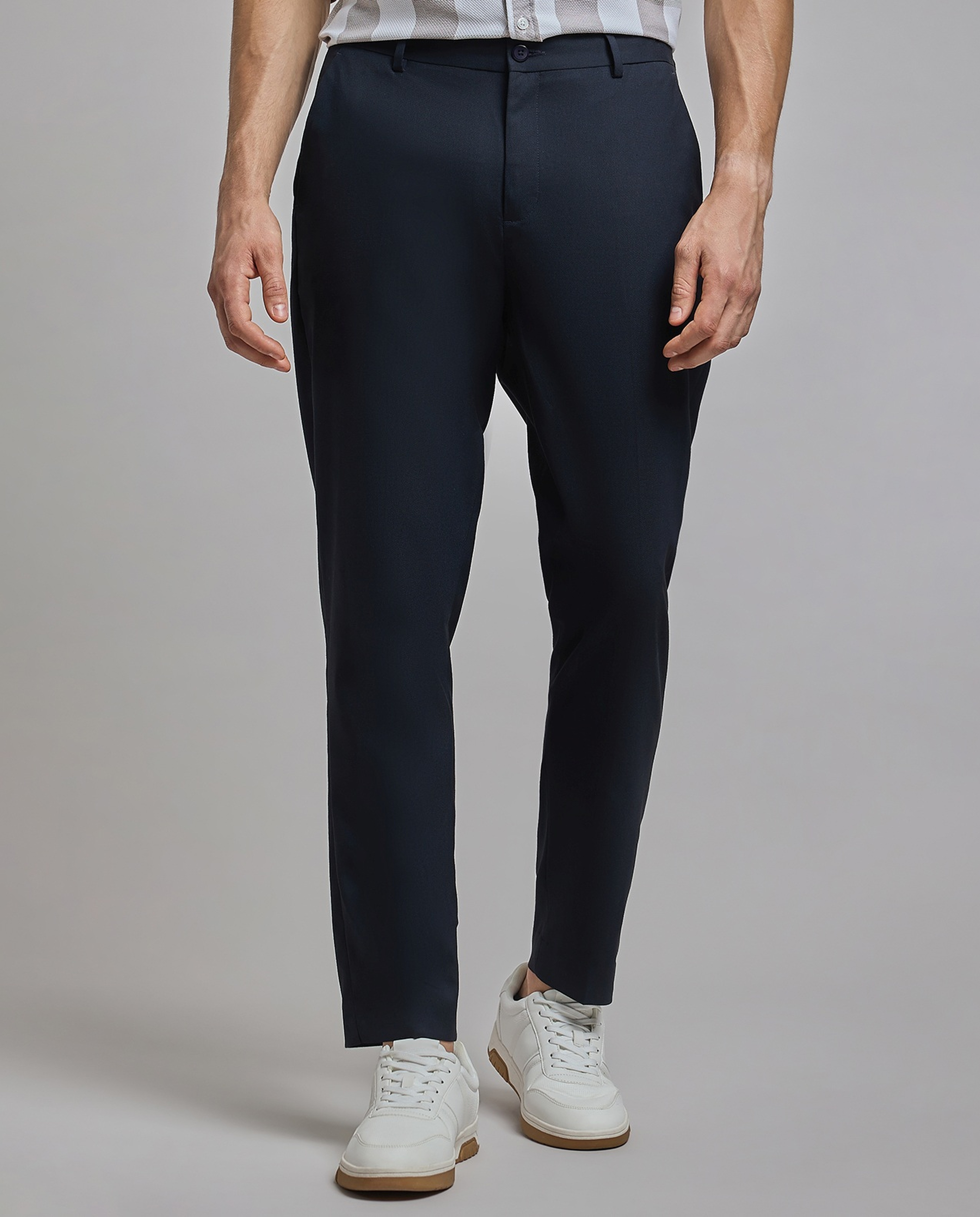Solid Tapered Fit Trousers with Button Closure