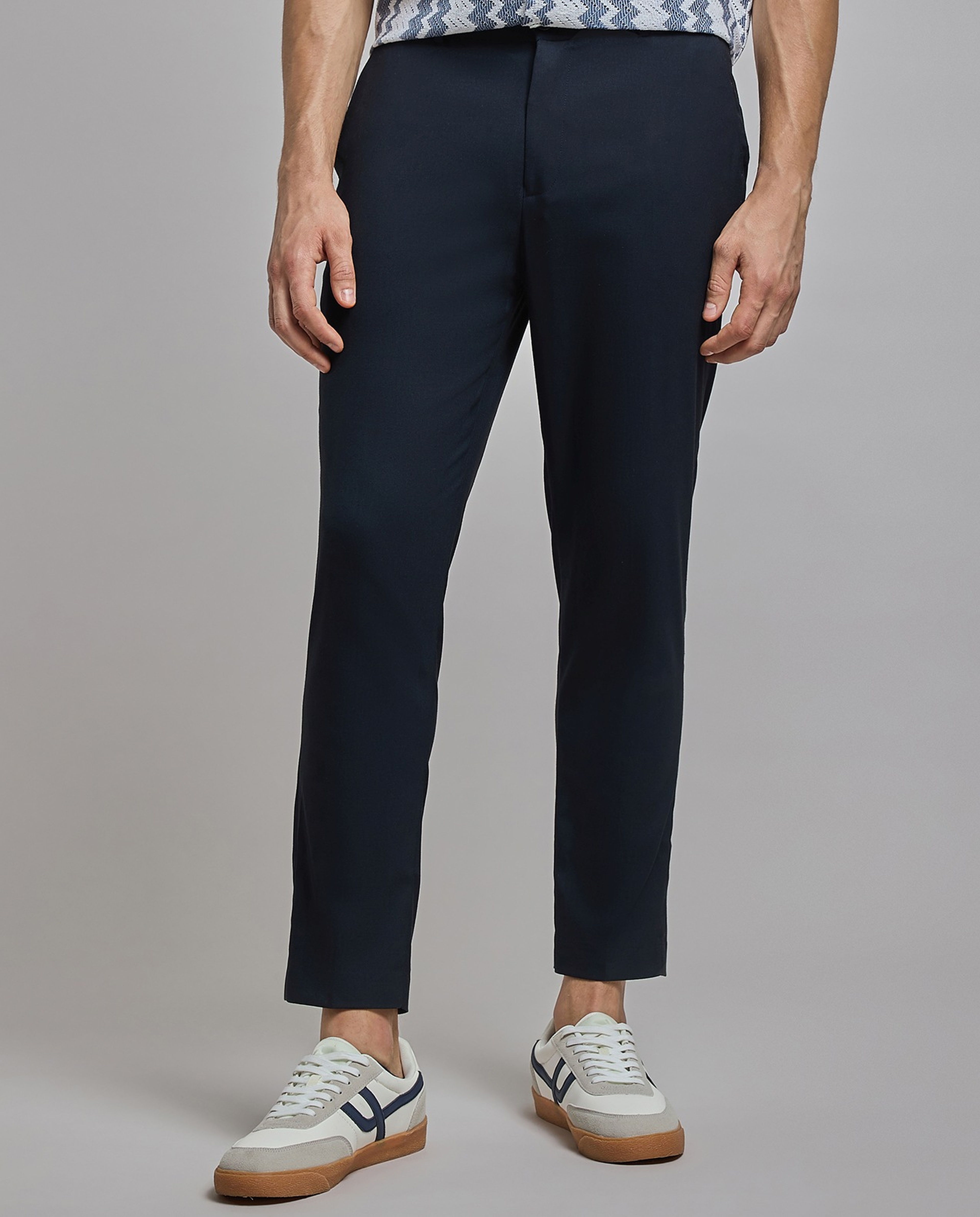 Solid Tapered Fit Trousers with Button Closure
