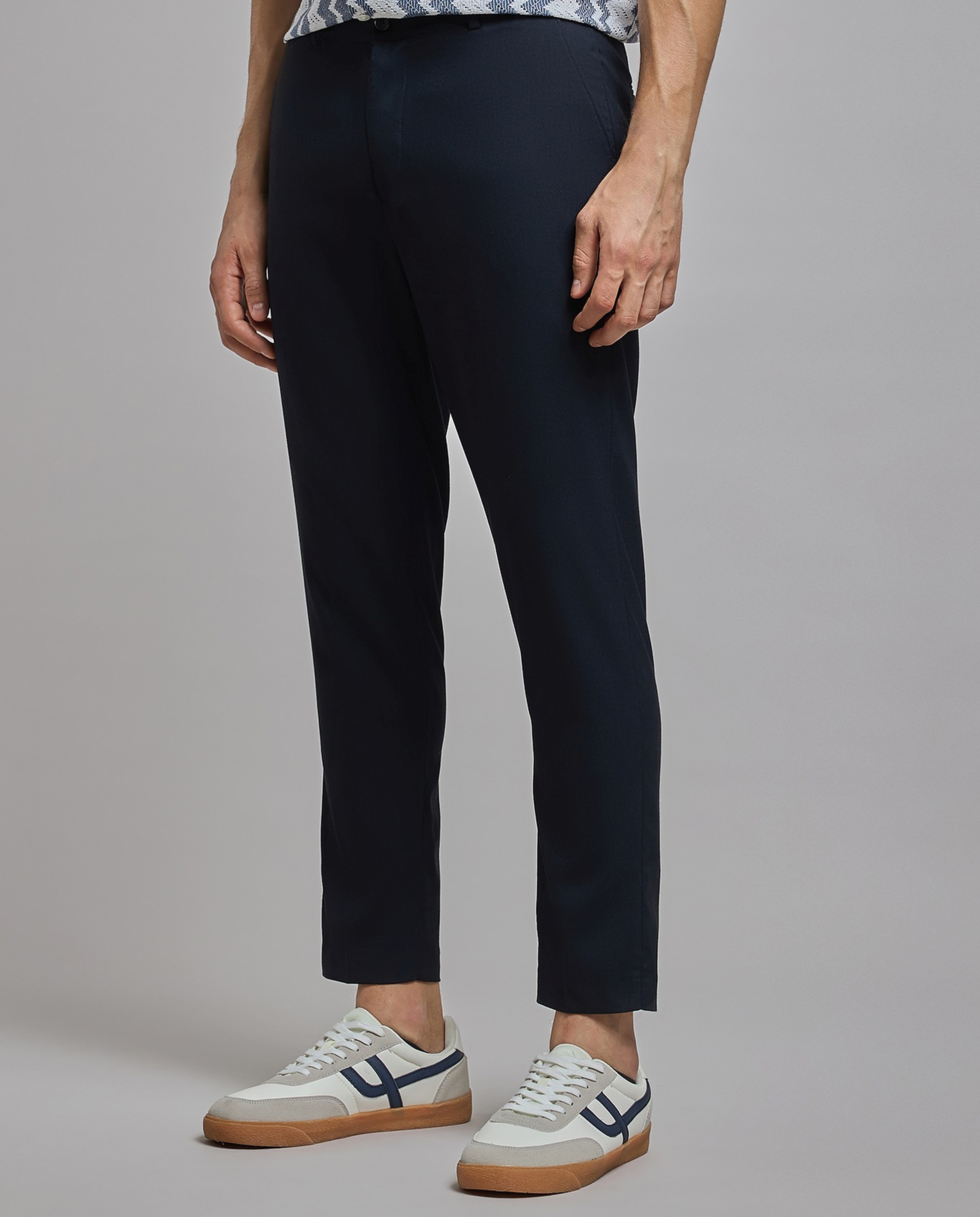 Solid Tapered Fit Trousers with Button Closure