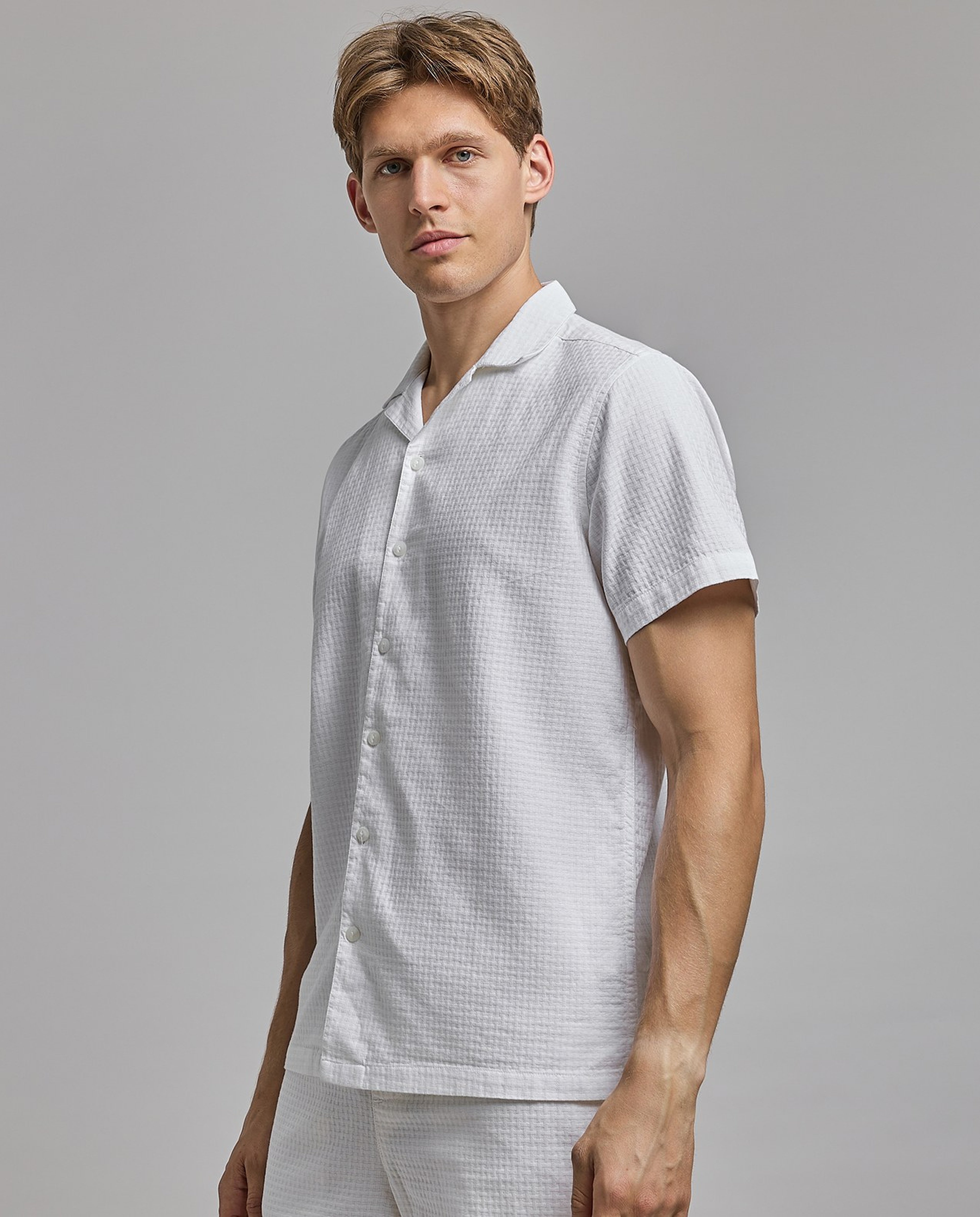 Solid Shirt with Revere Collar and Short Sleeves