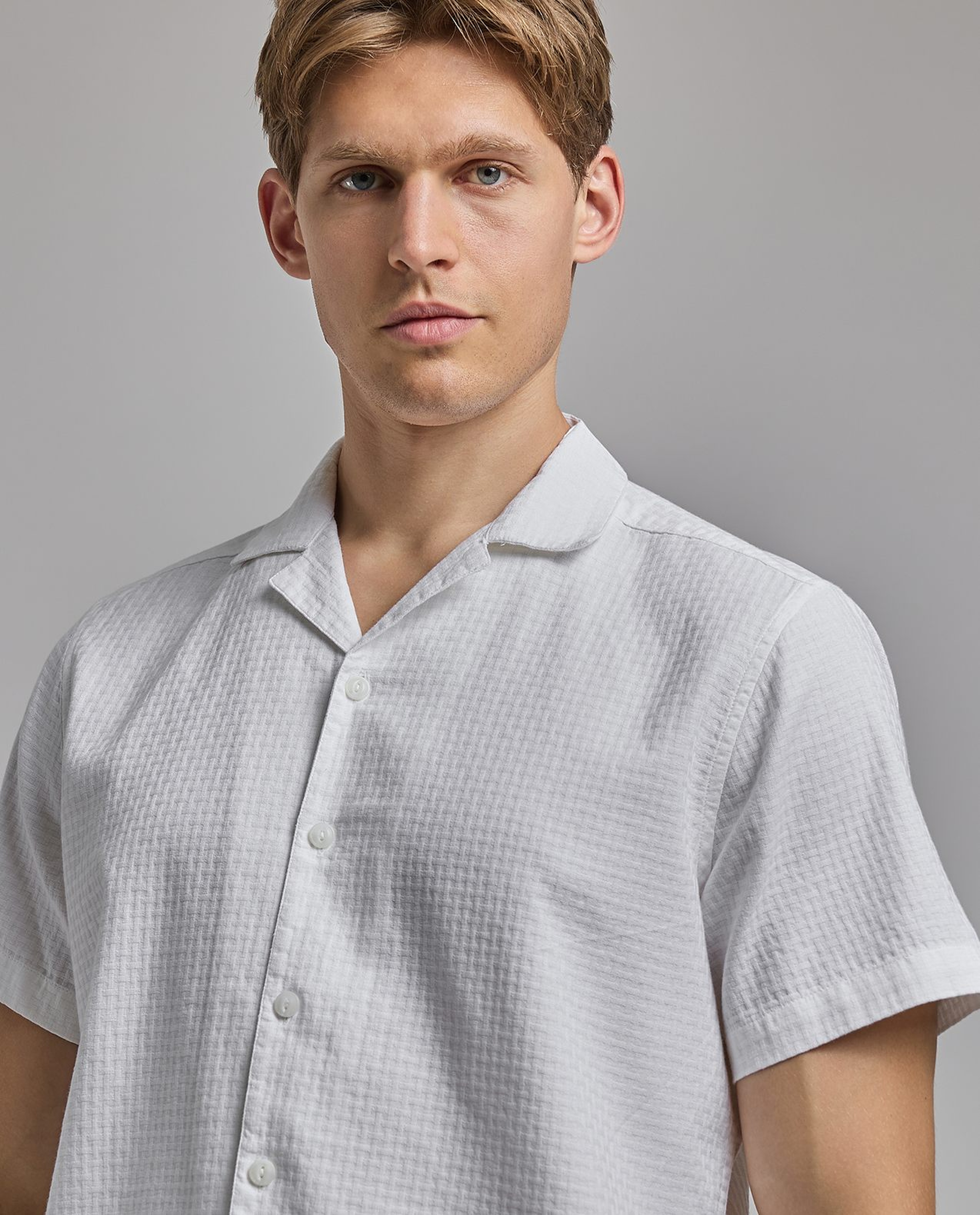 Solid Shirt with Revere Collar and Short Sleeves