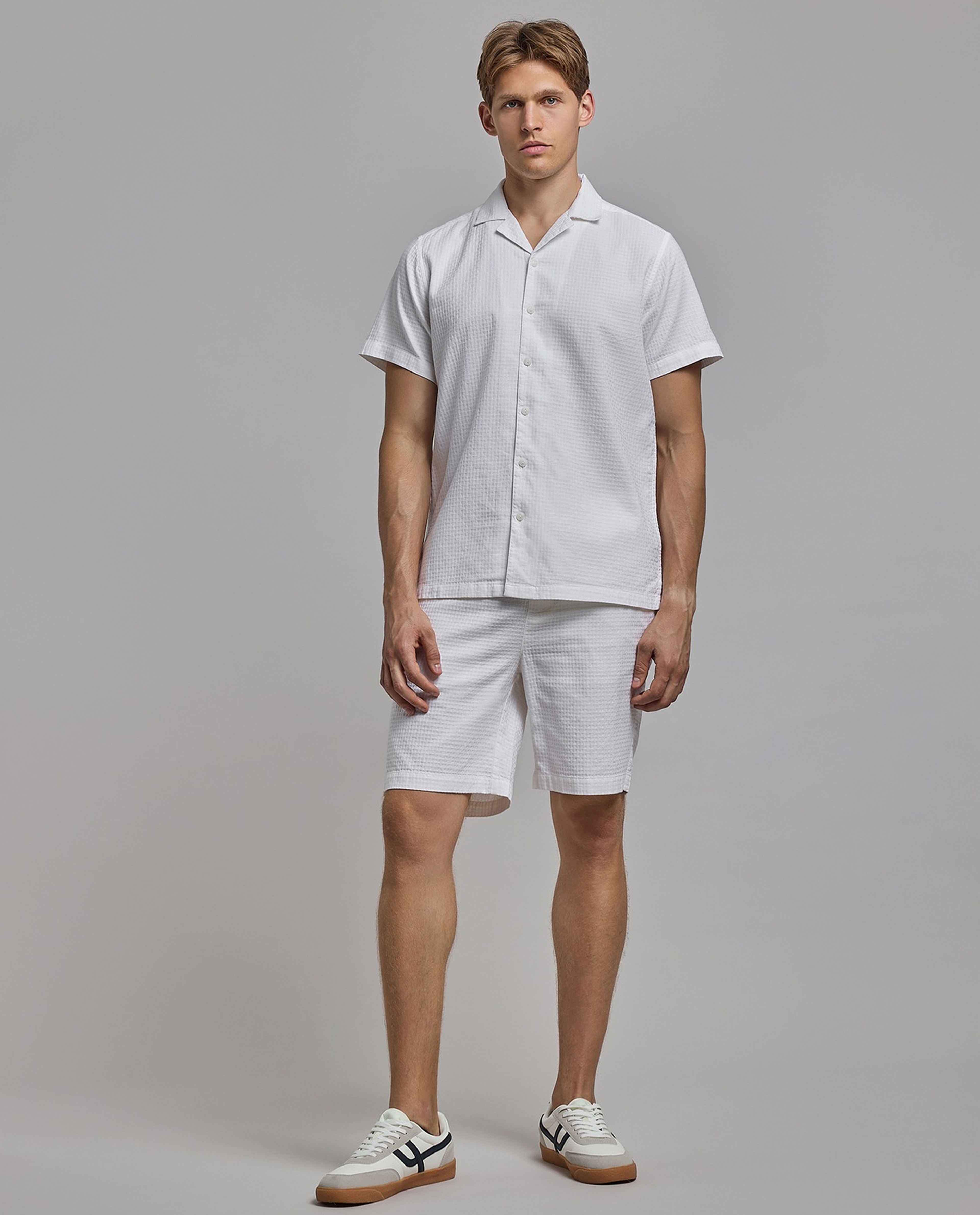 Solid Shirt with Revere Collar and Short Sleeves