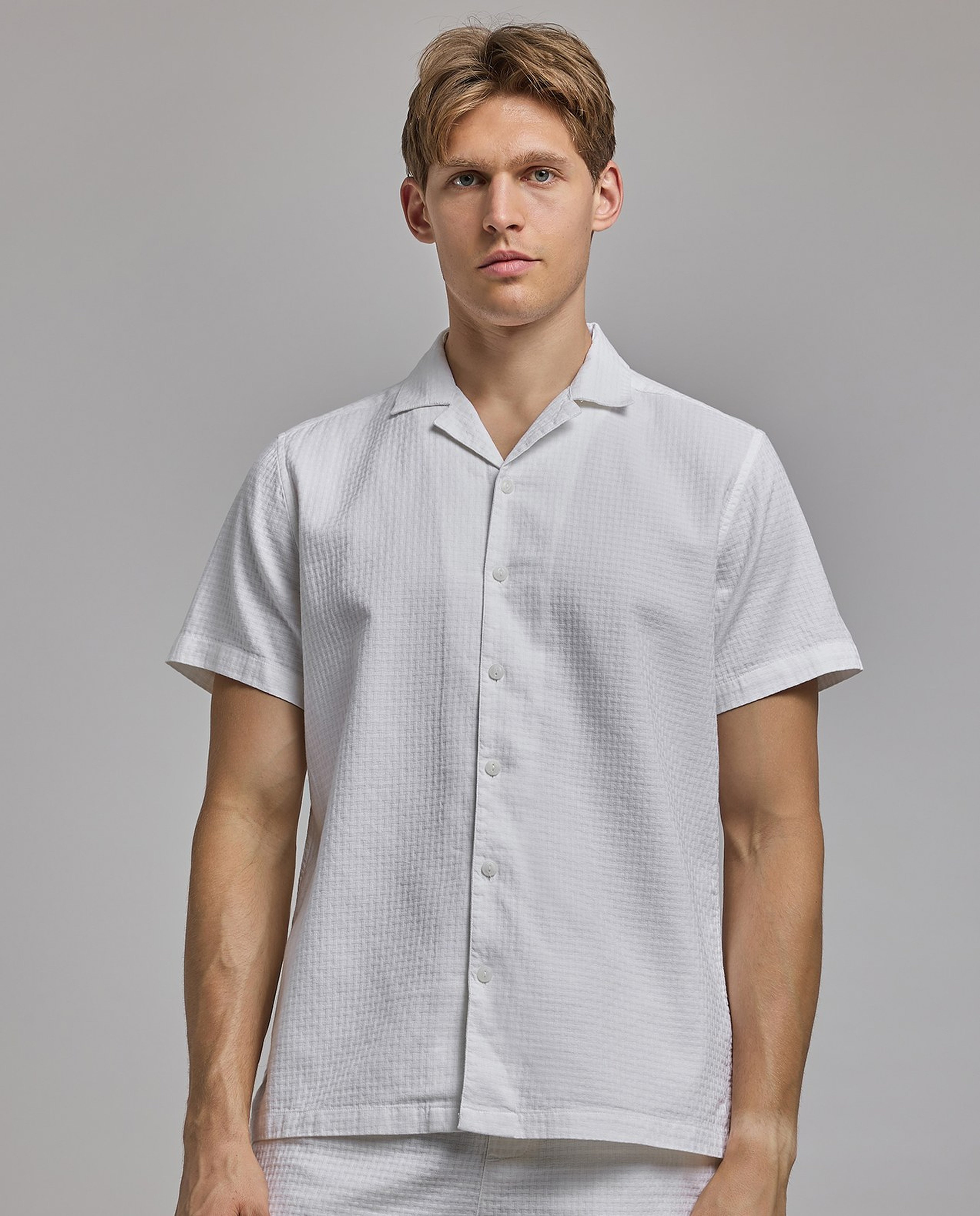 Solid Shirt with Revere Collar and Short Sleeves