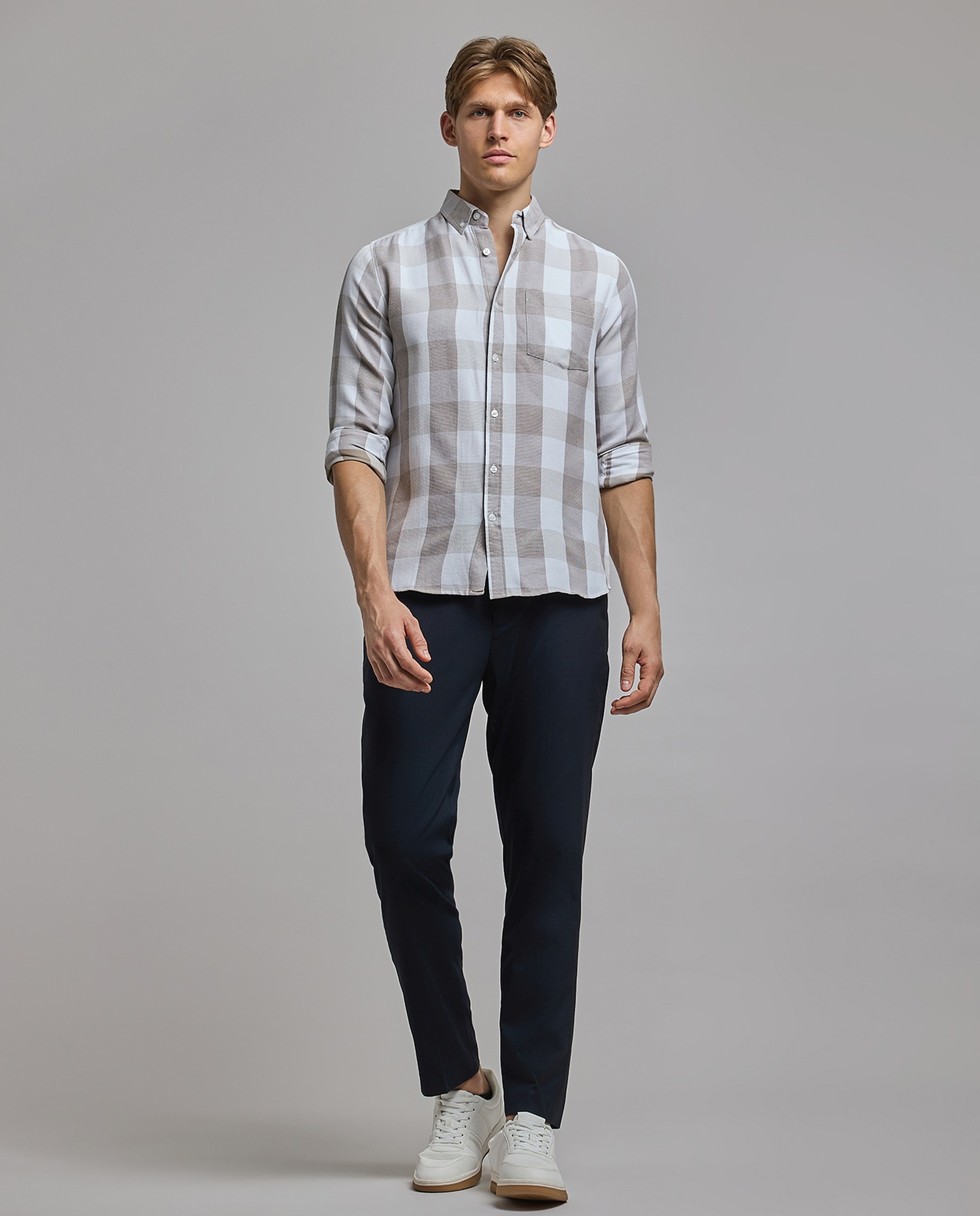 Checked Shirt with Button-Down Collar and Long Sleeves