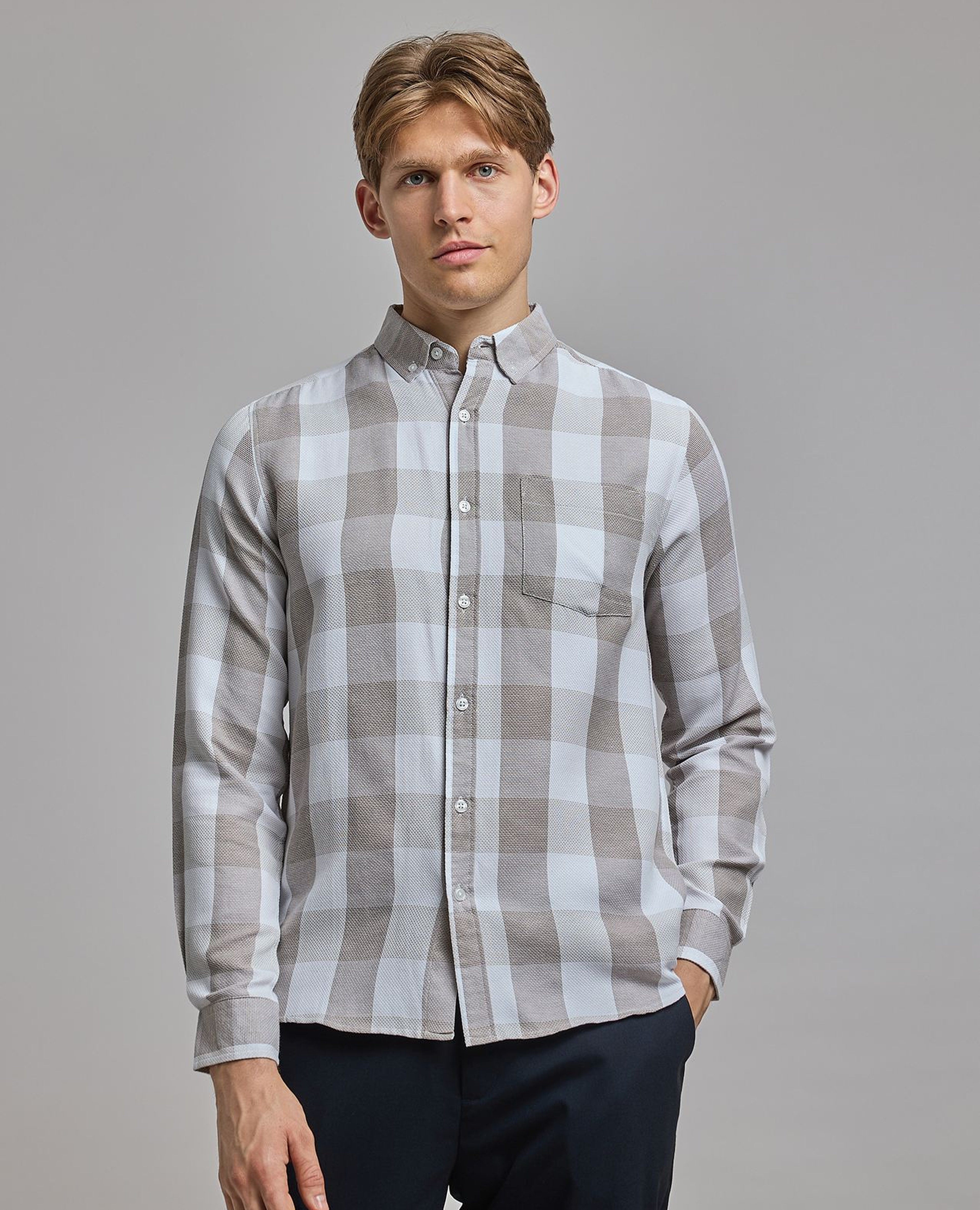 Checked Shirt with Button-Down Collar and Long Sleeves