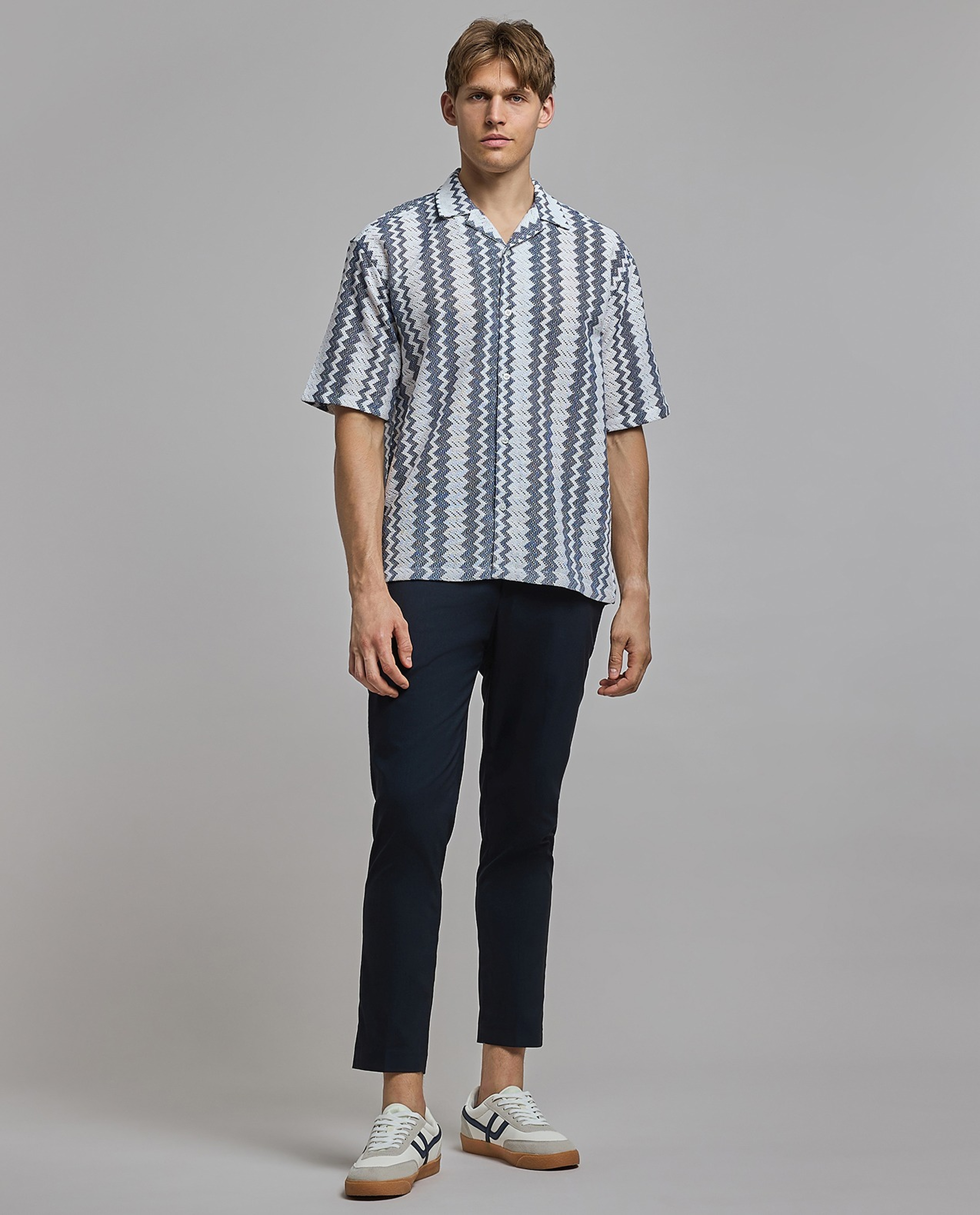 Patterned Shirt with Revere Collar and Short Sleeves