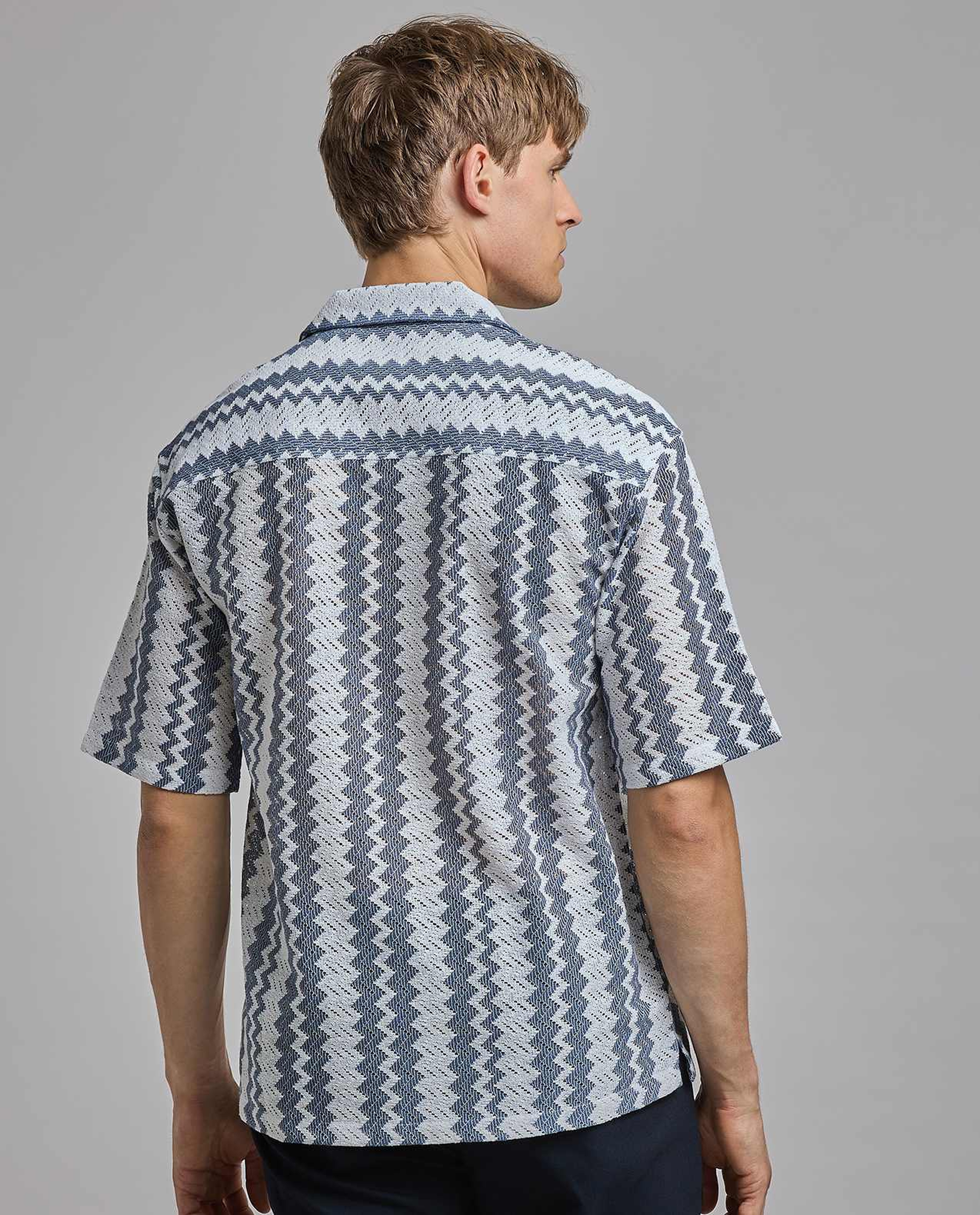 Patterned Shirt with Revere Collar and Short Sleeves