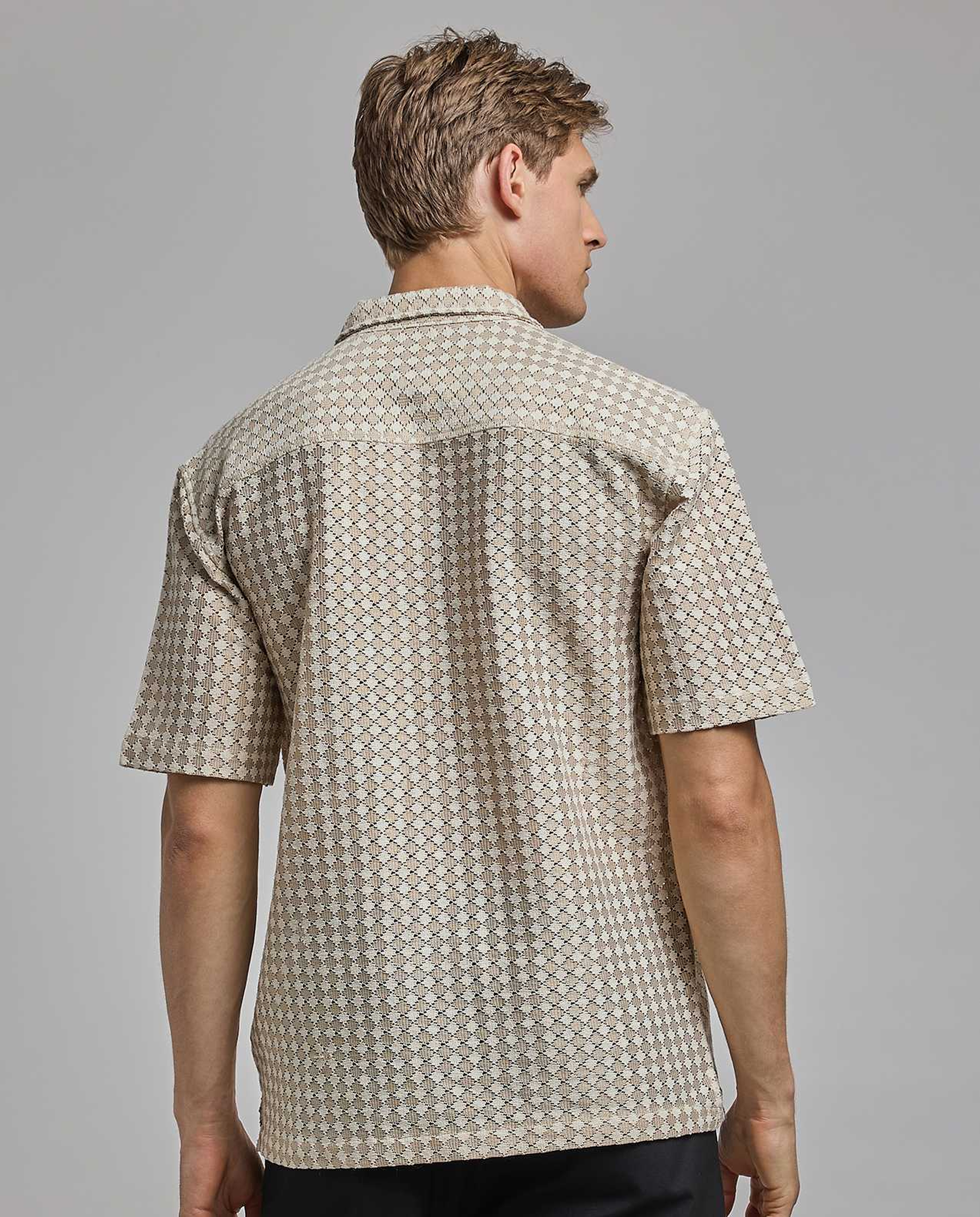 Patterned Shirt with Revere Collar and Short Sleeves