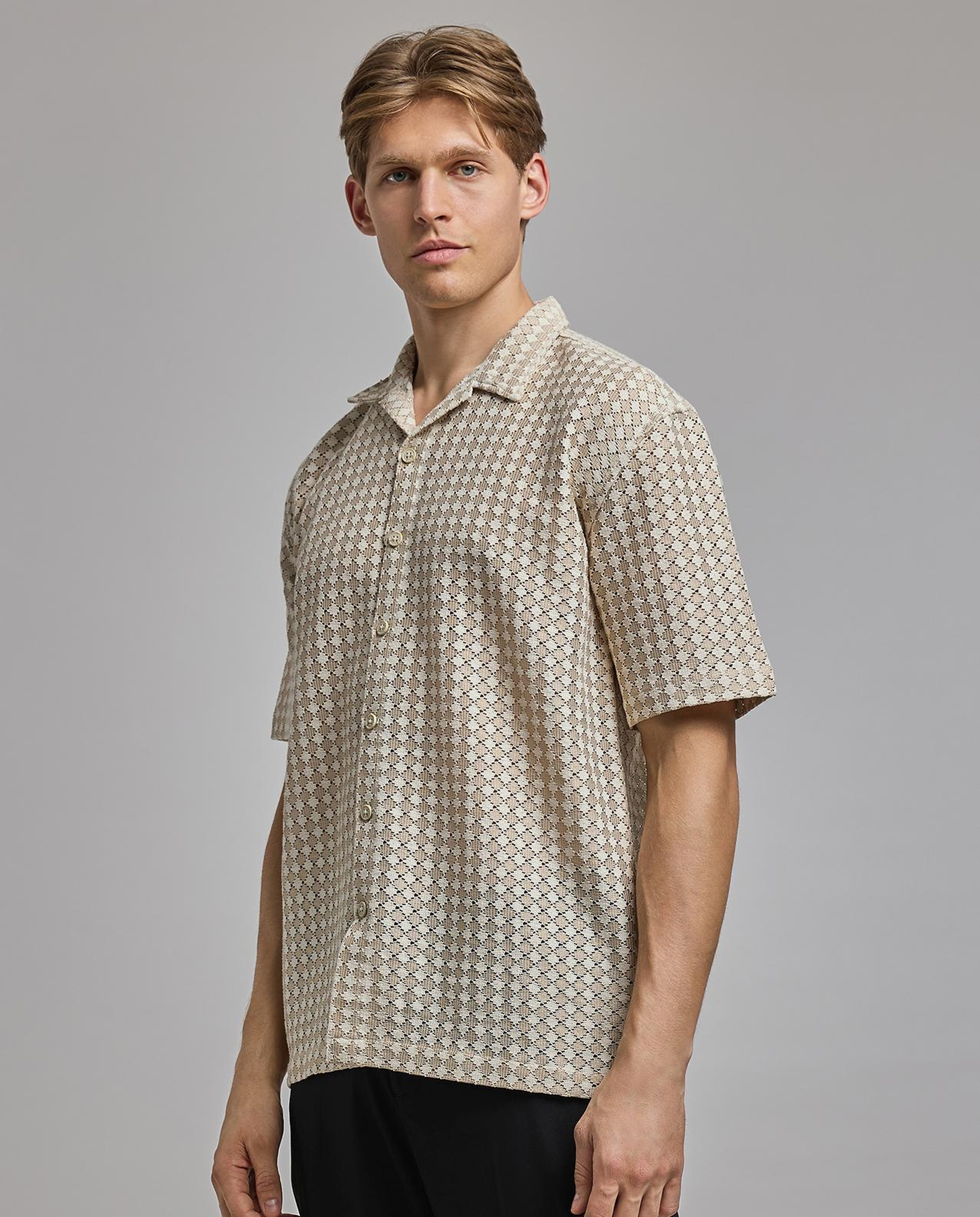 Patterned Shirt with Revere Collar and Short Sleeves