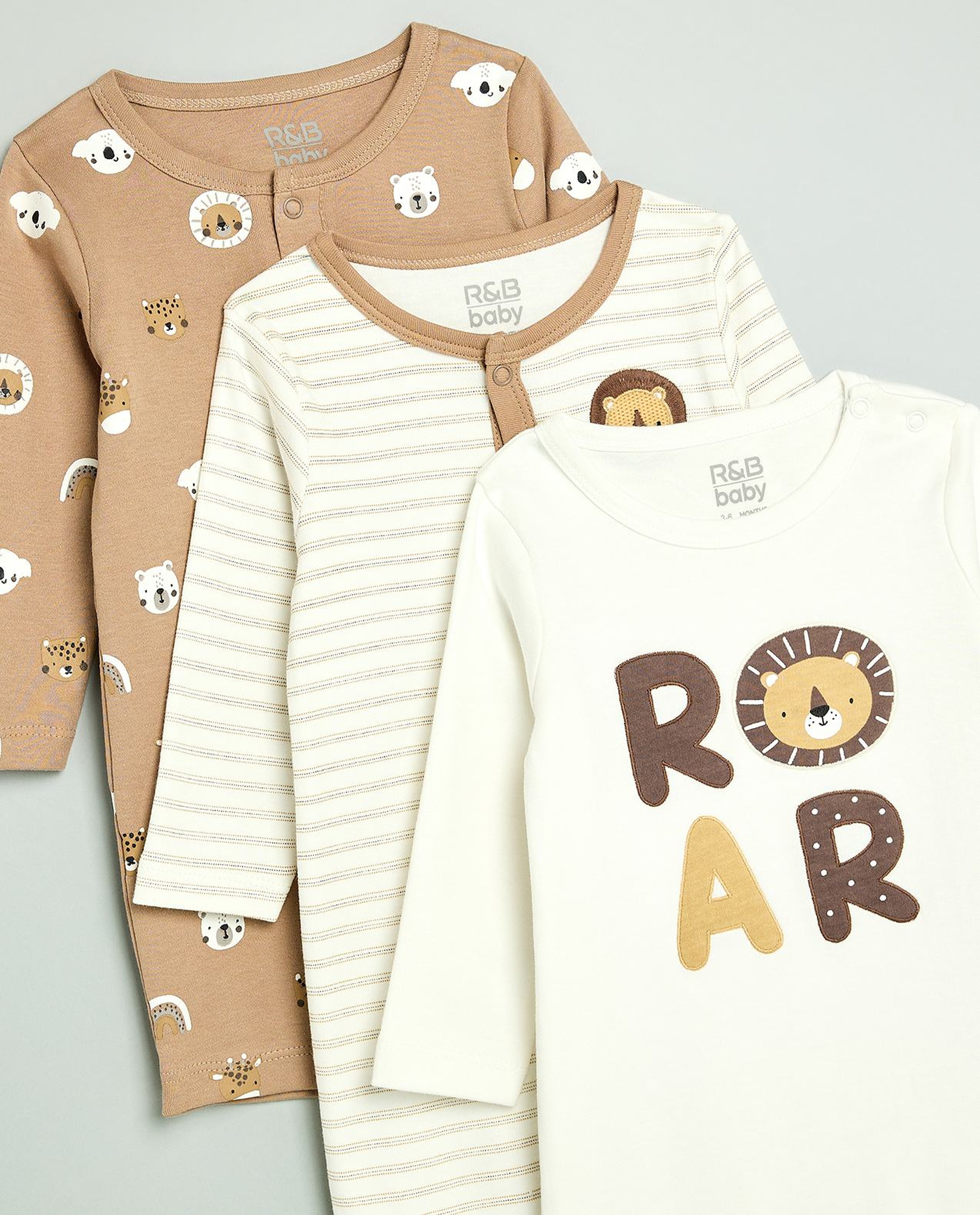 3 Pack Printed Rompers with Long Sleeves