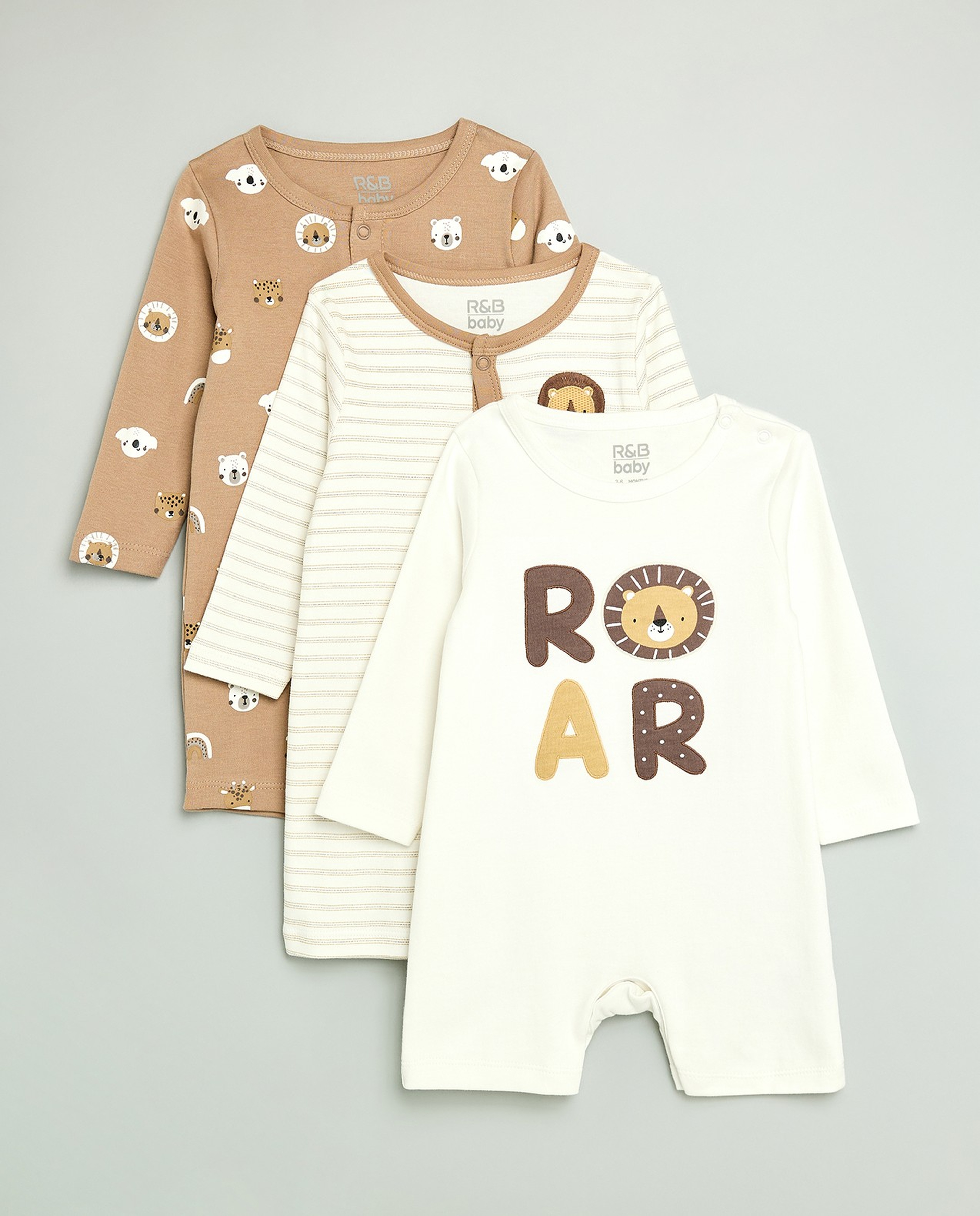 3 Pack Printed Rompers with Long Sleeves