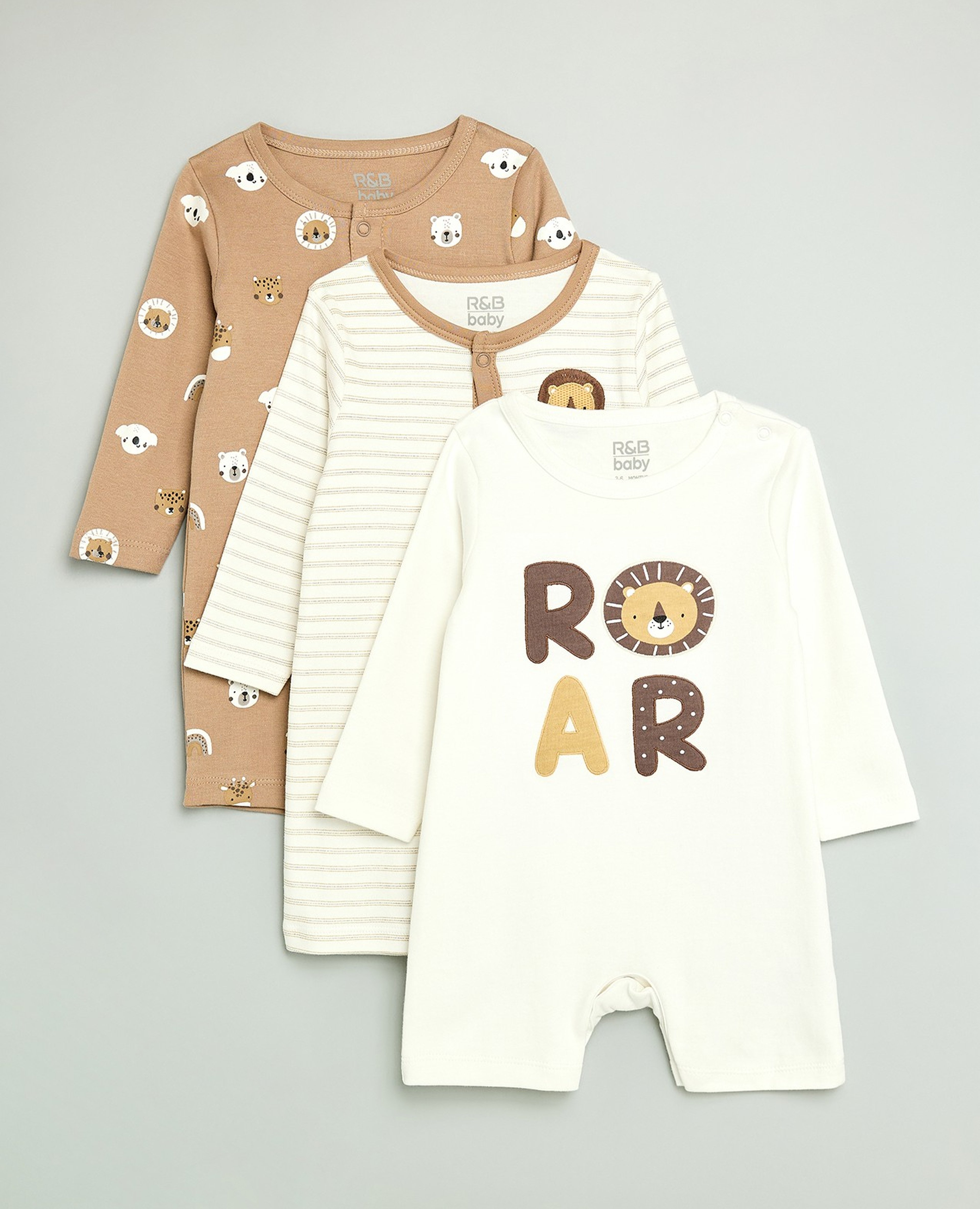 3 Pack Printed Rompers with Long Sleeves