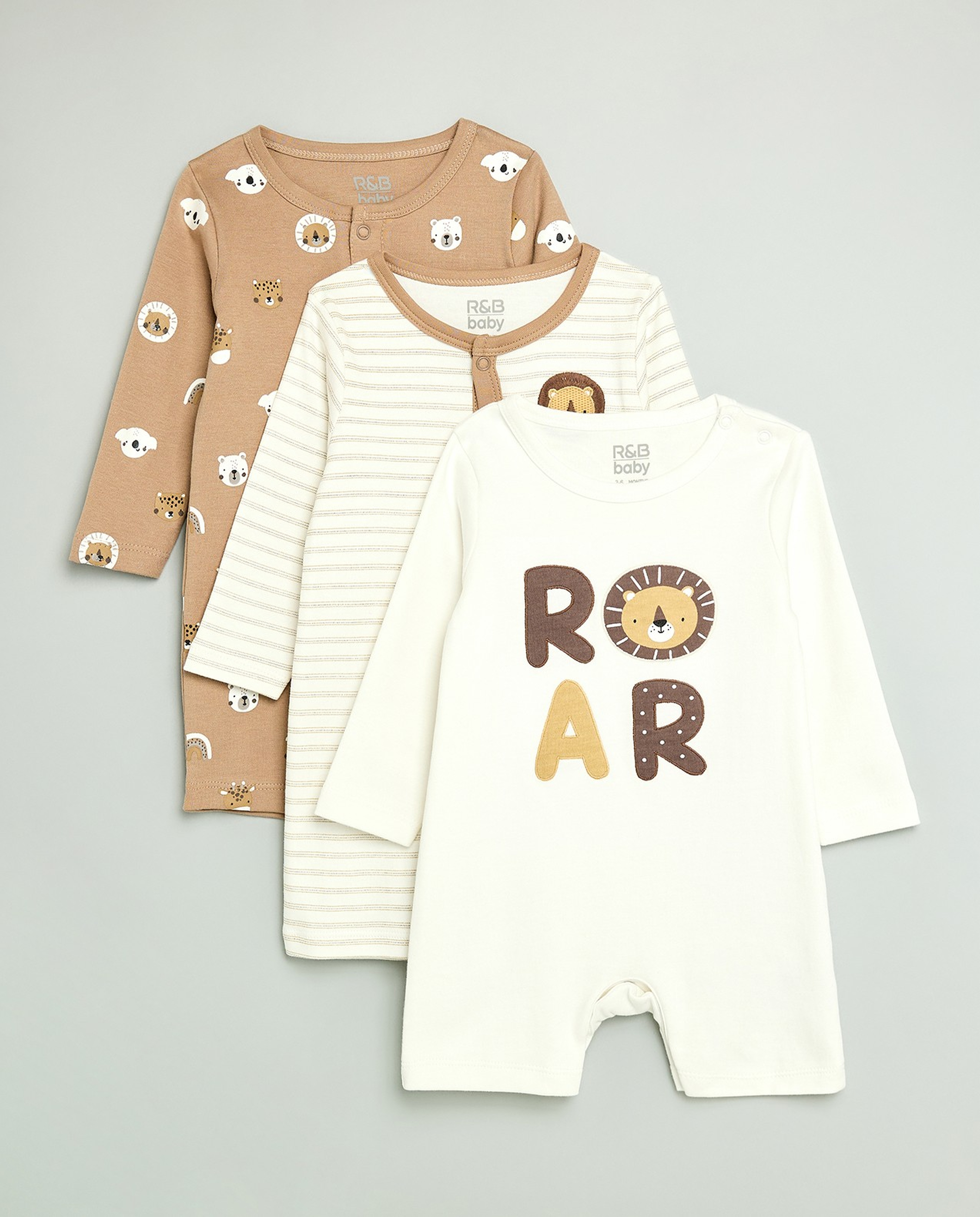 3 Pack Printed Rompers with Long Sleeves