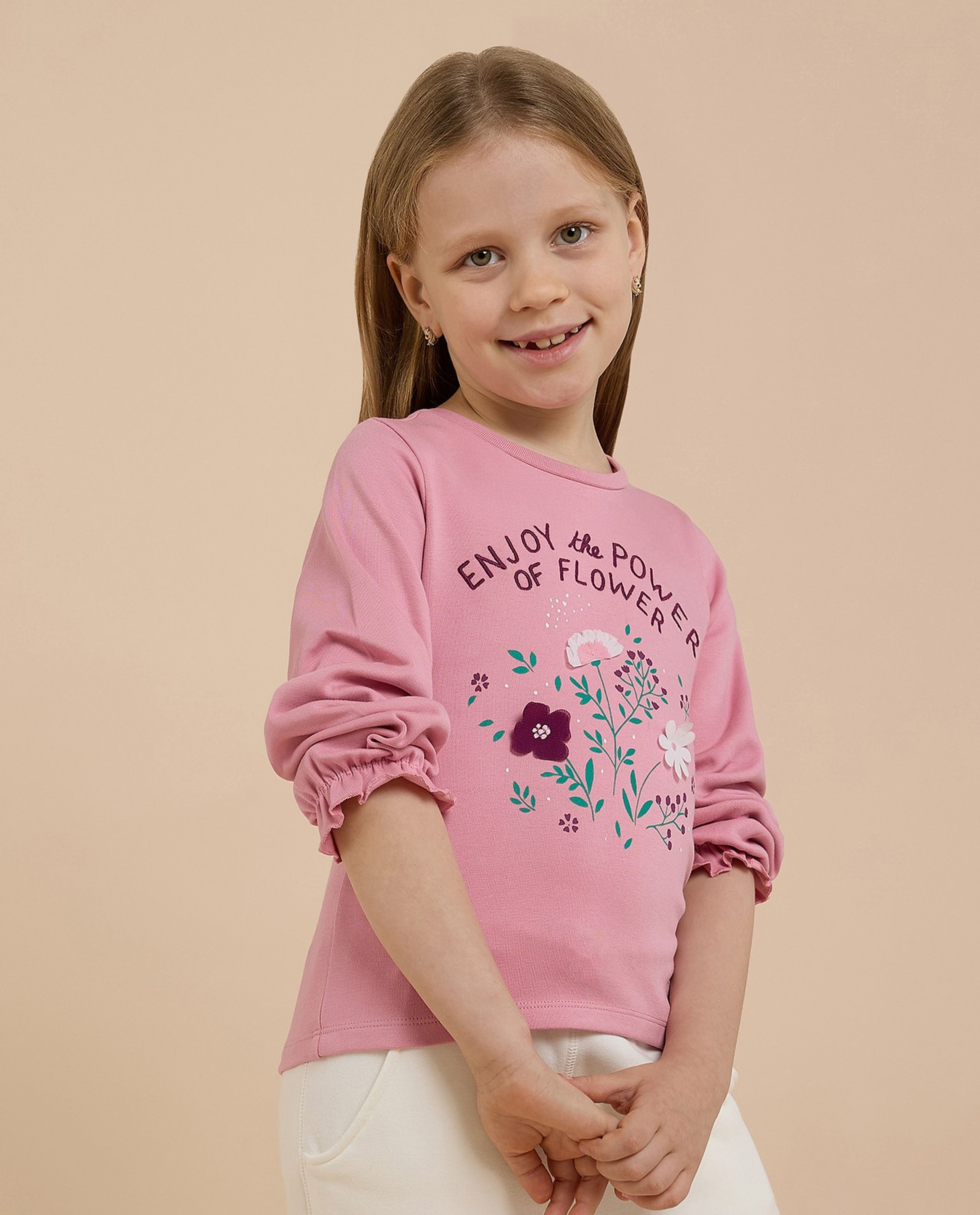 Embroidered Top with Crew Neck and Long Sleeves