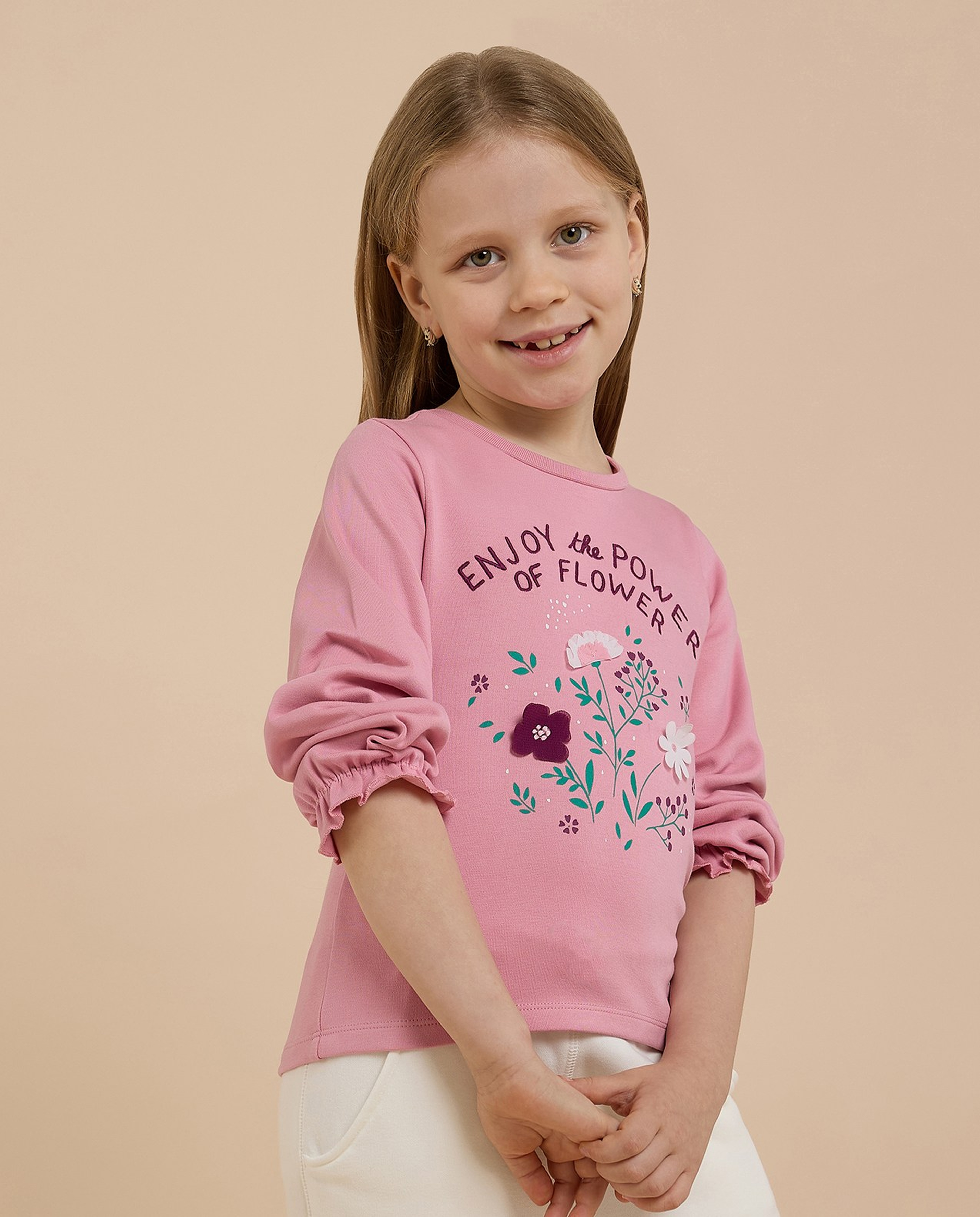 Embroidered Top with Crew Neck and Long Sleeves