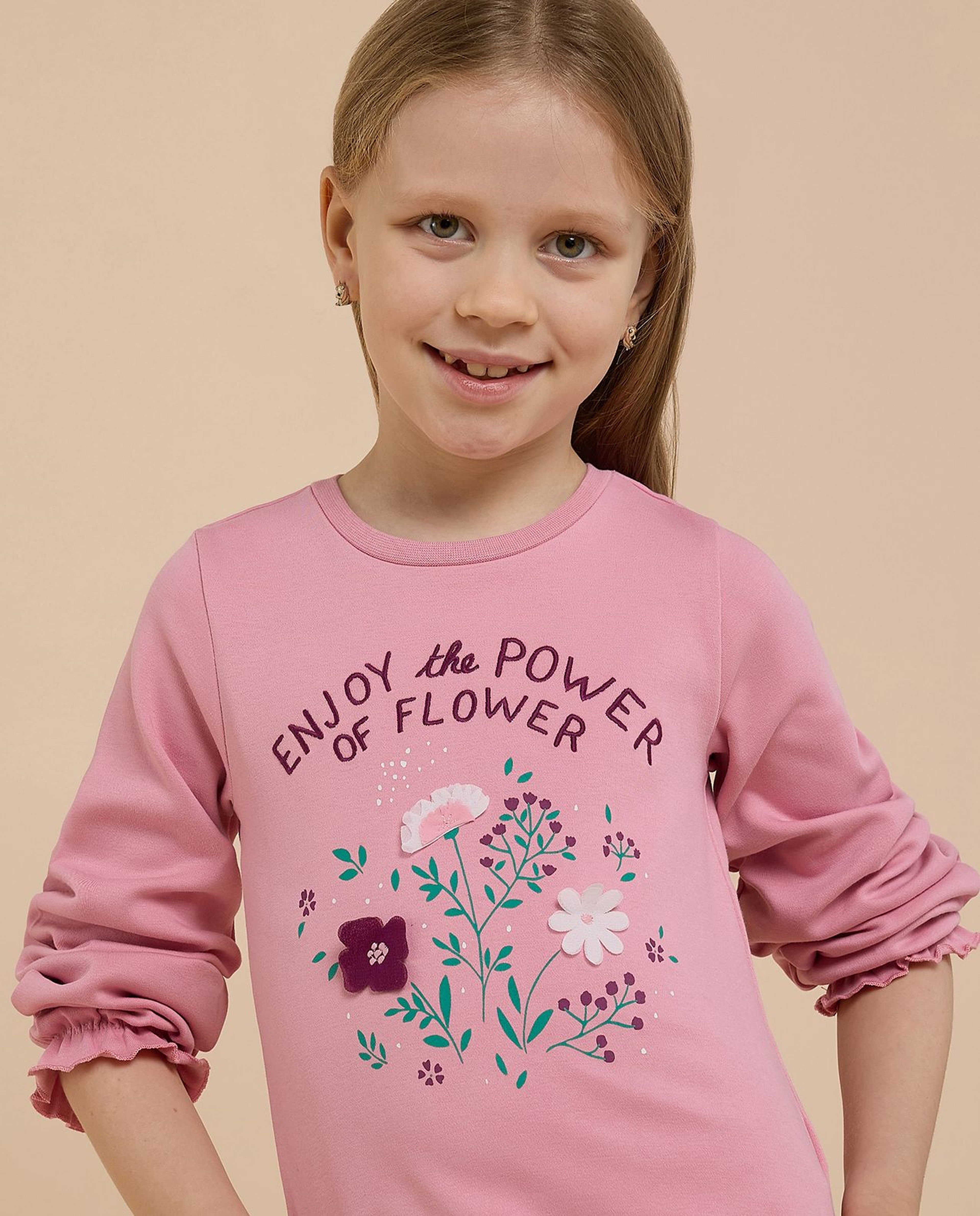 Embroidered Top with Crew Neck and Long Sleeves