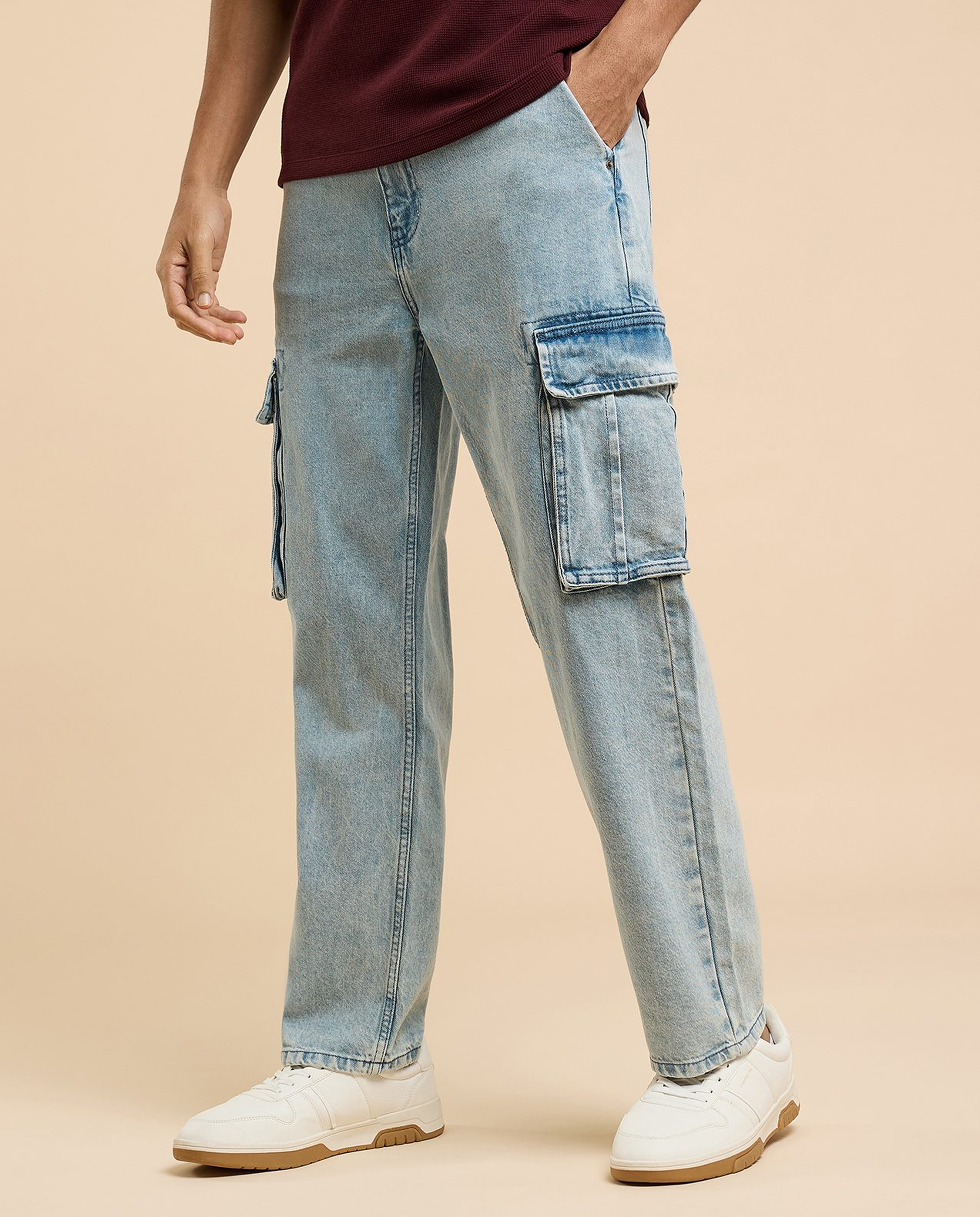 Faded Cargo Jeans with Button Closure