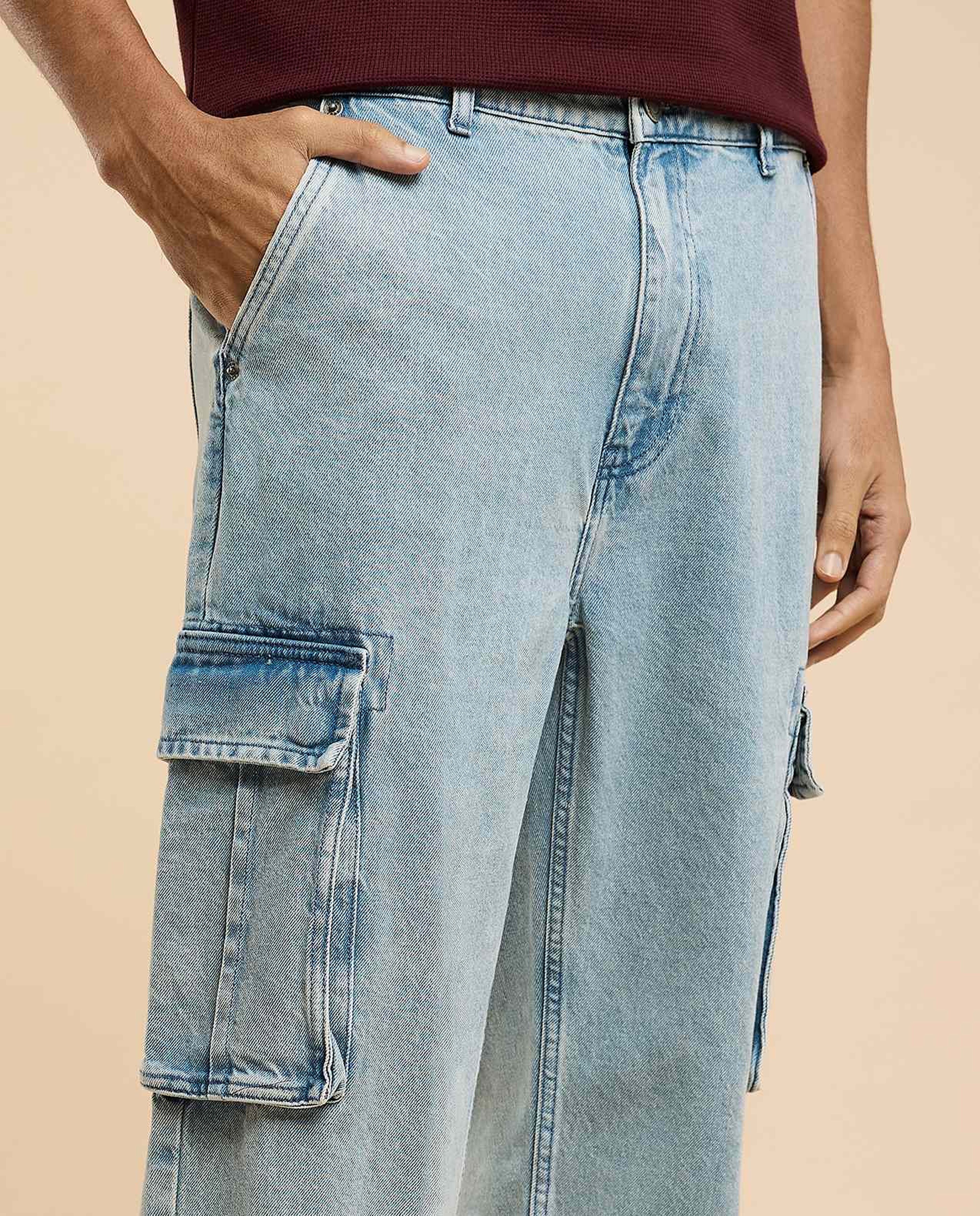 Faded Cargo Jeans with Button Closure