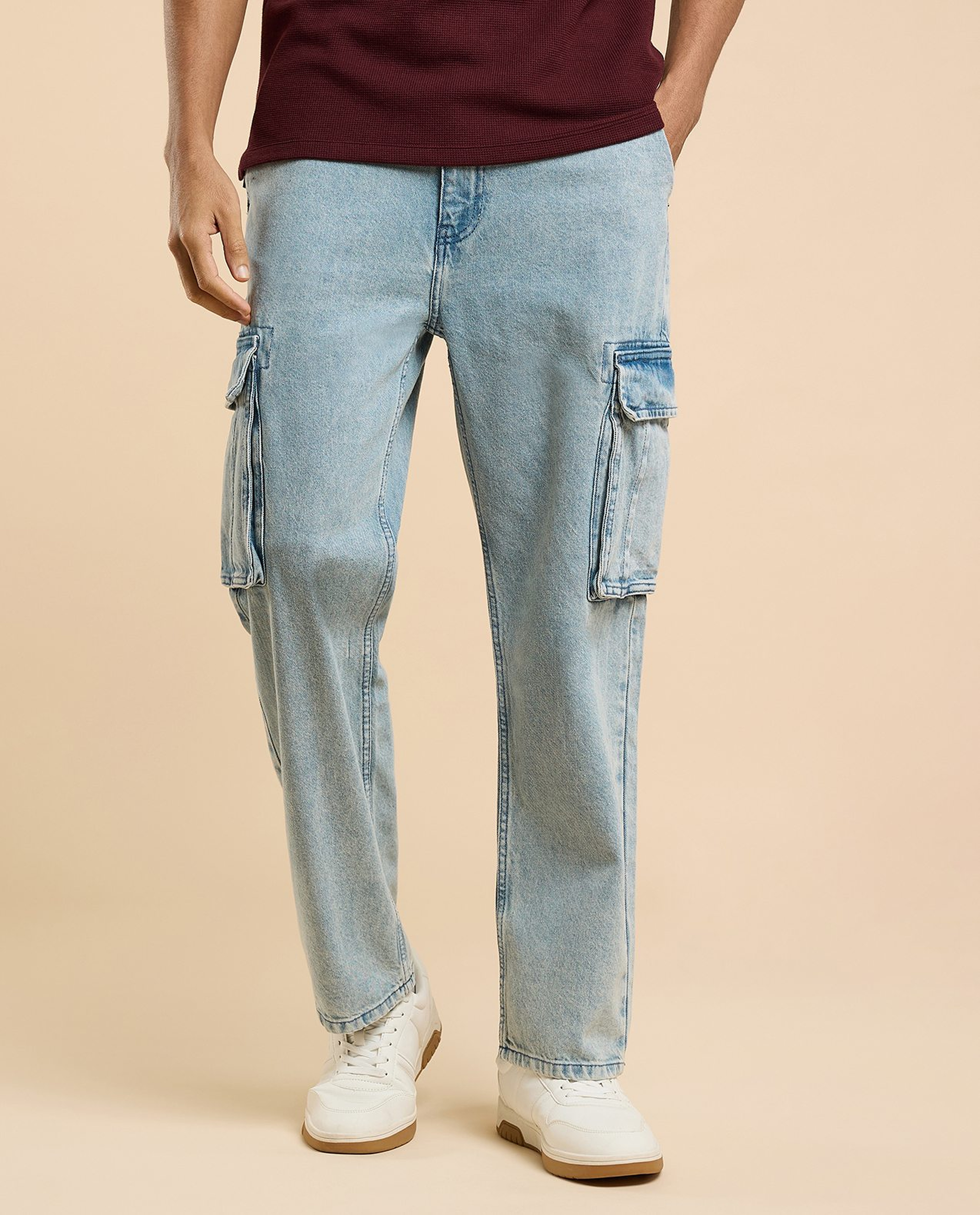 Faded Cargo Jeans with Button Closure