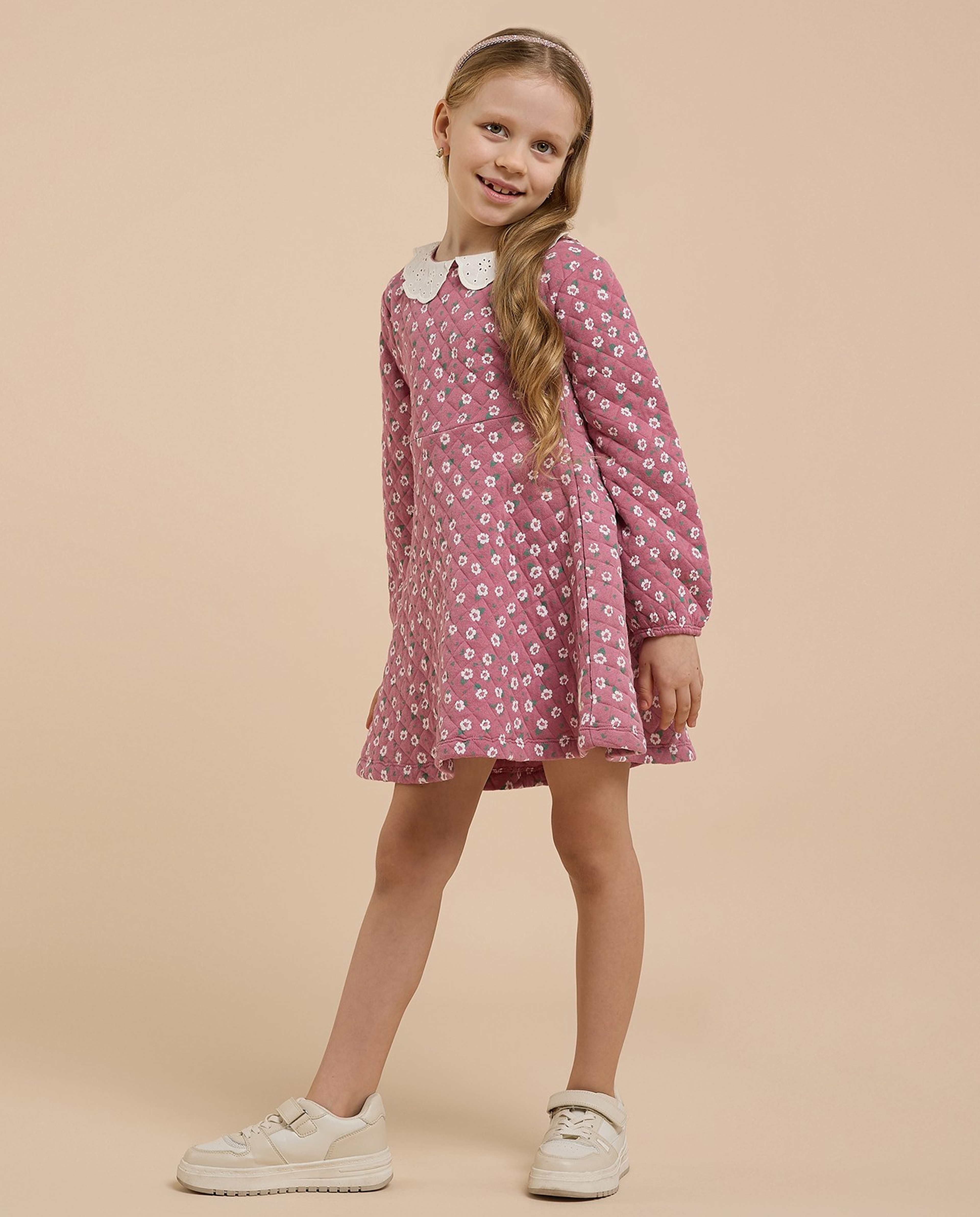 Printed A-Line Dress with Peter Pan Collar and Long Sleeves