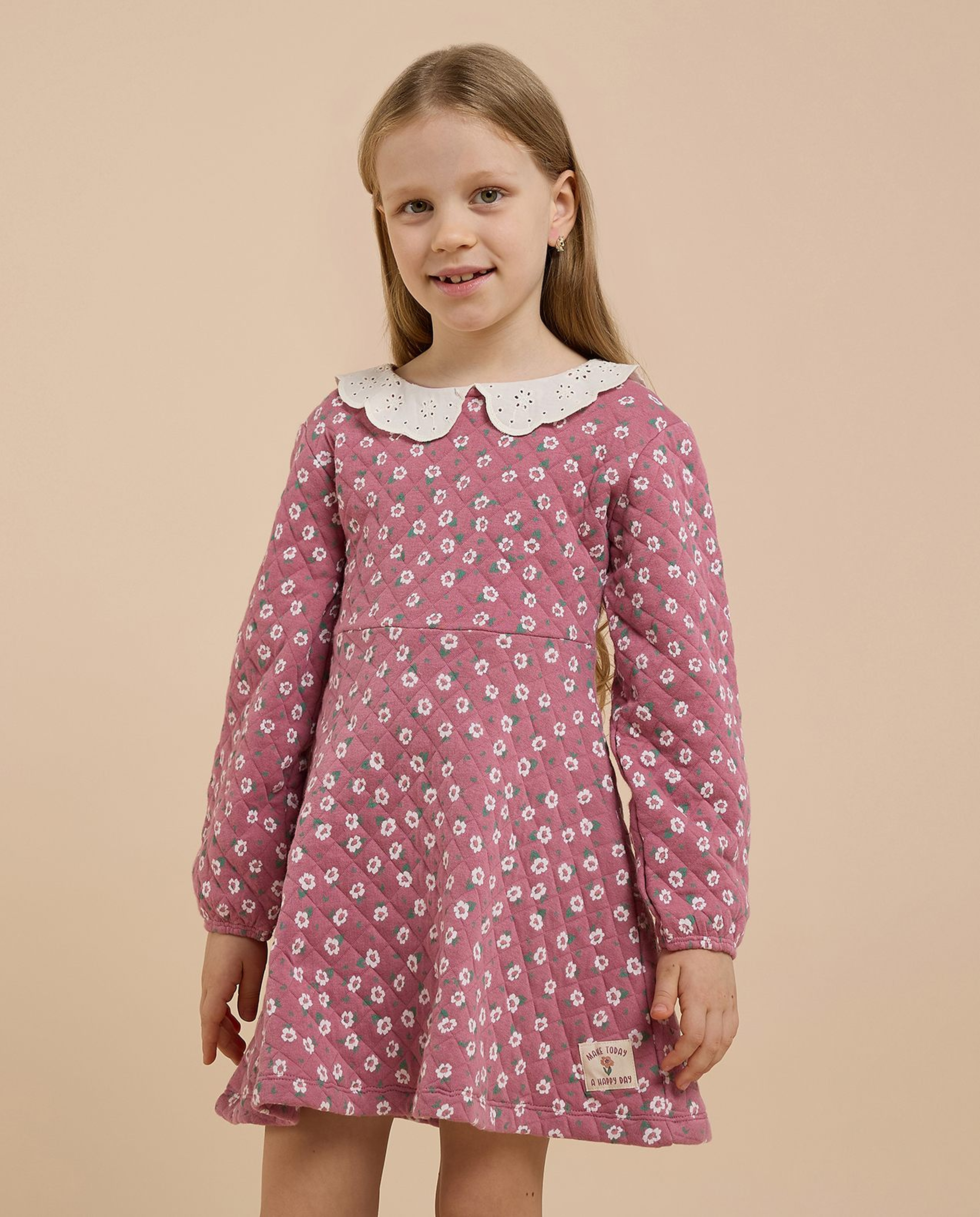 Printed A-Line Dress with Peter Pan Collar and Long Sleeves