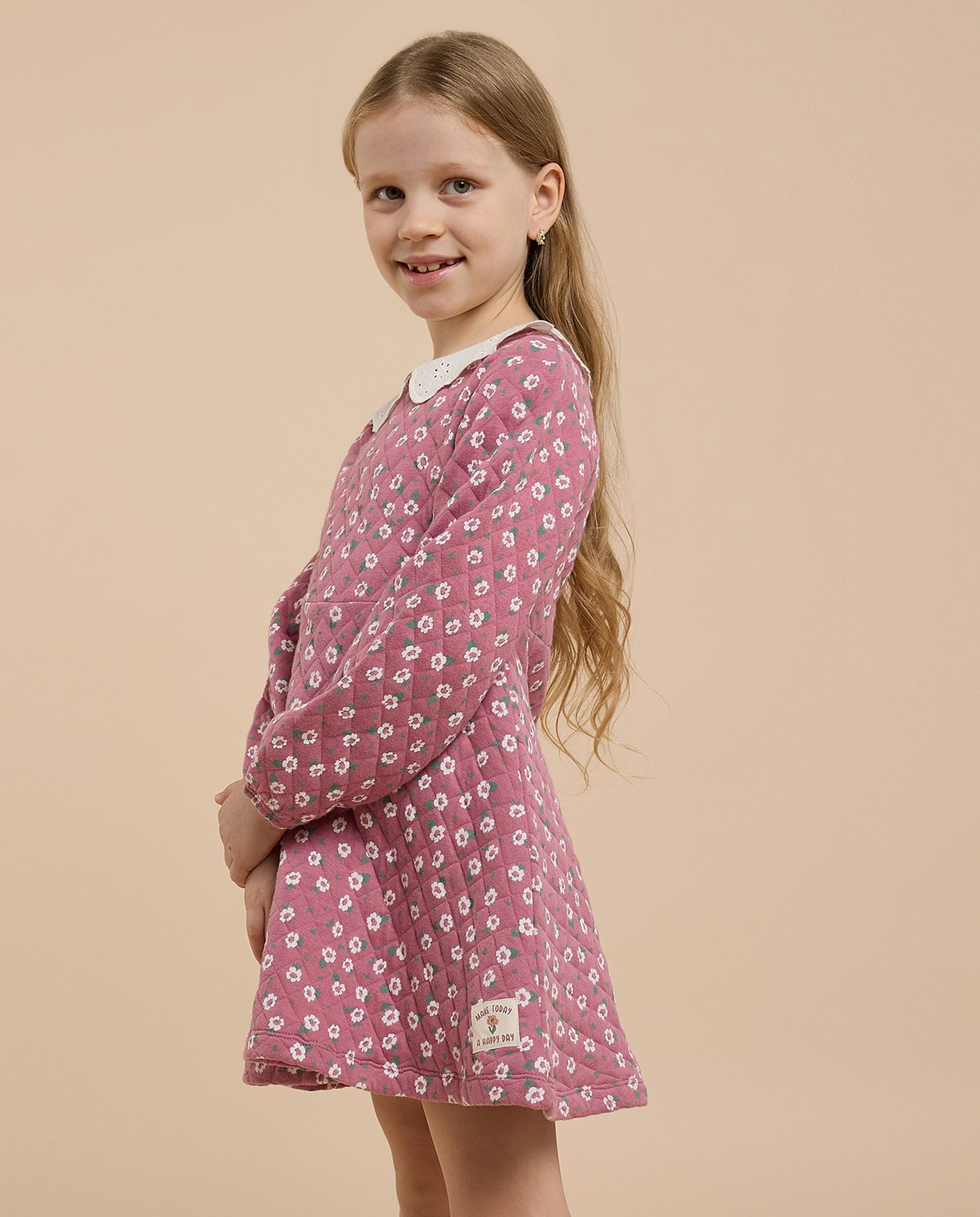 Printed A-Line Dress with Peter Pan Collar and Long Sleeves