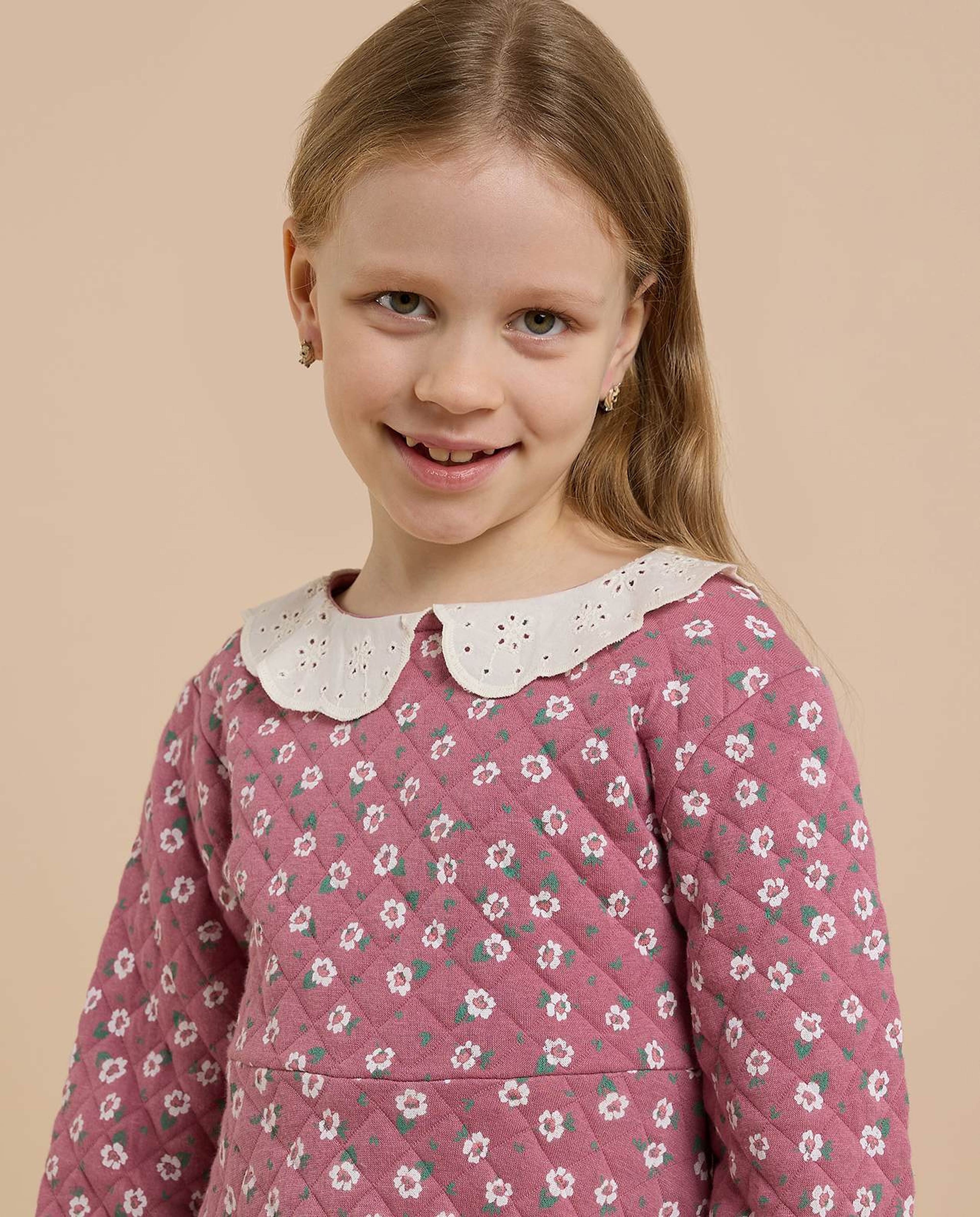 Printed A-Line Dress with Peter Pan Collar and Long Sleeves