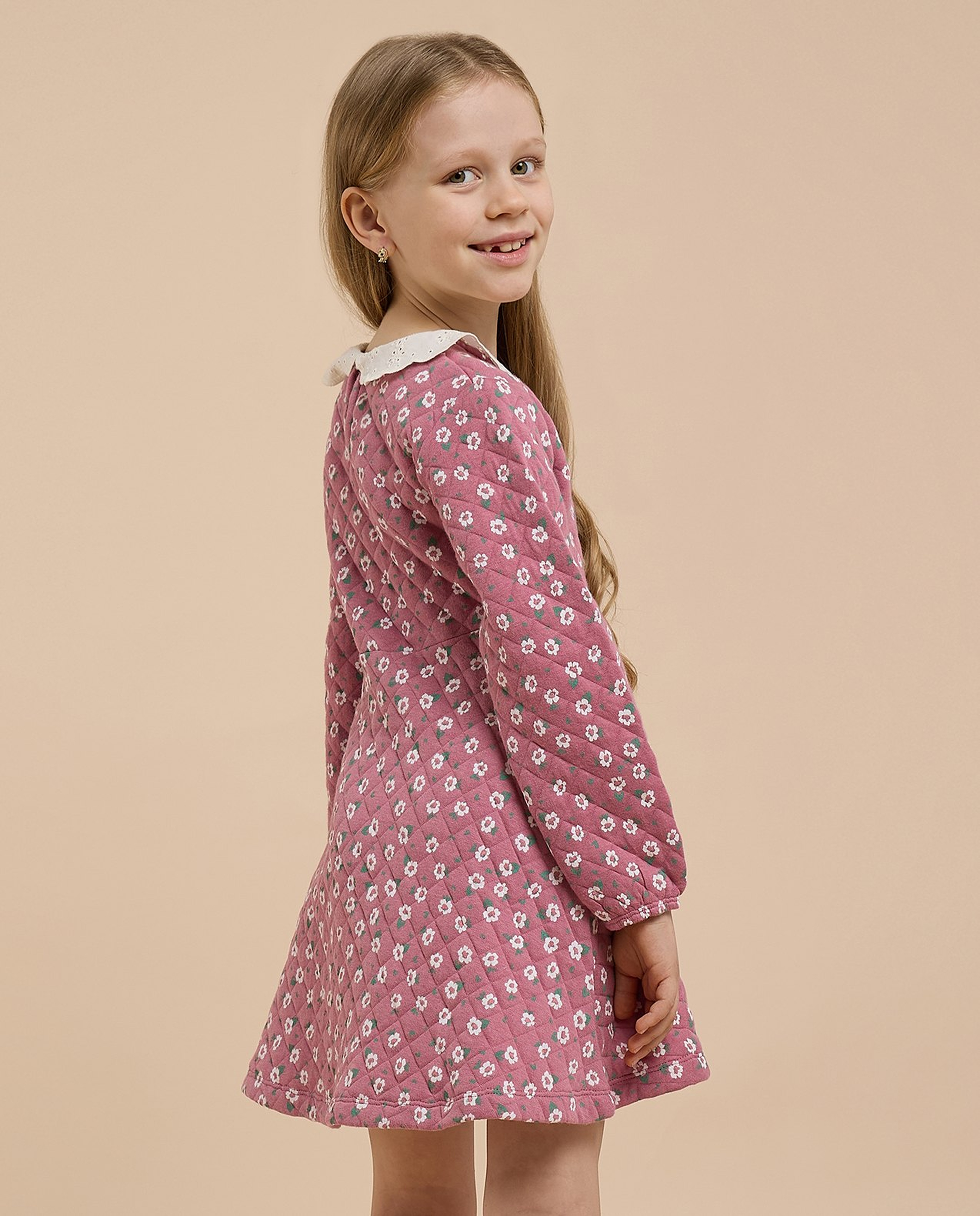 Printed A-Line Dress with Peter Pan Collar and Long Sleeves