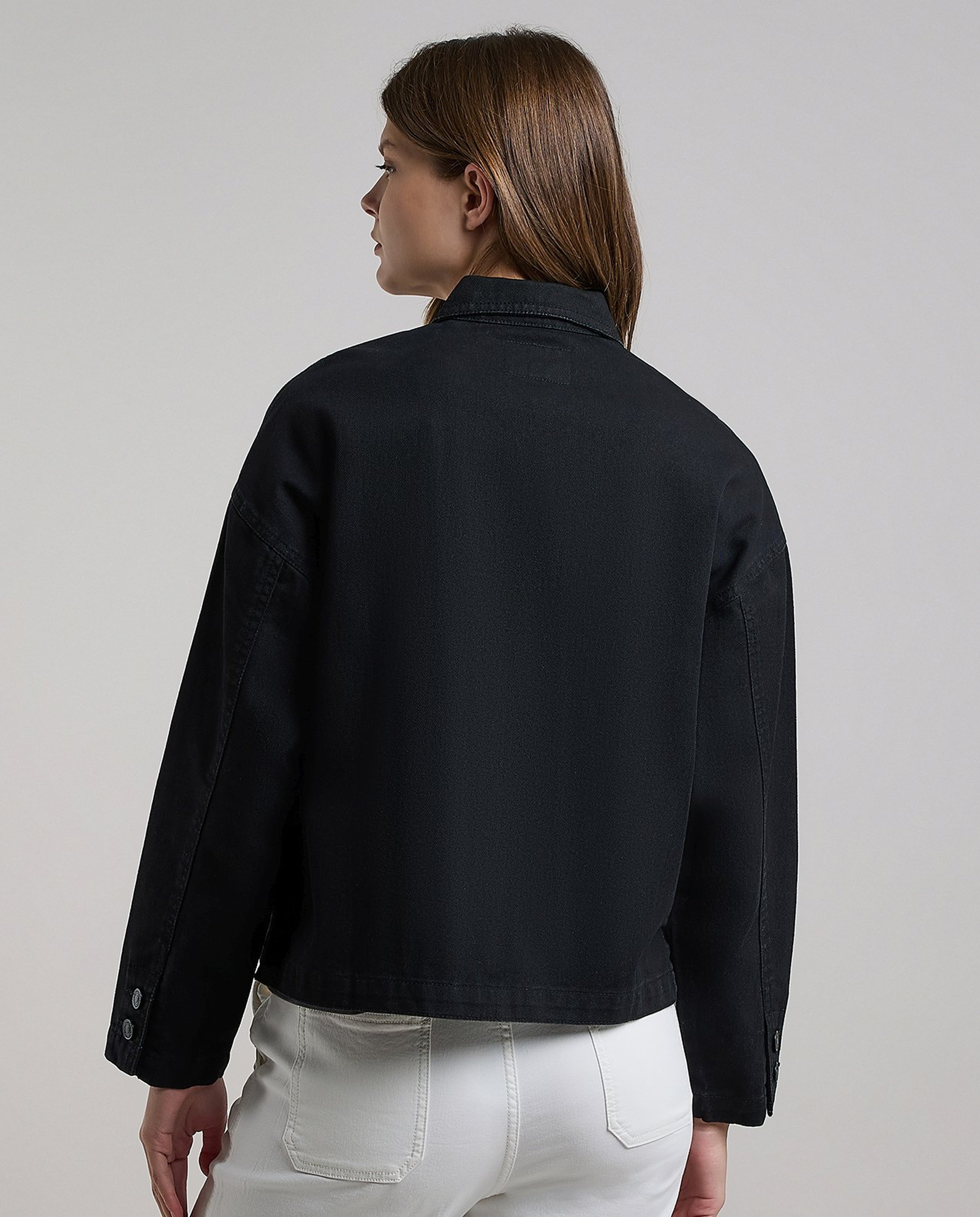 Solid Denim Jacket with Button Closure