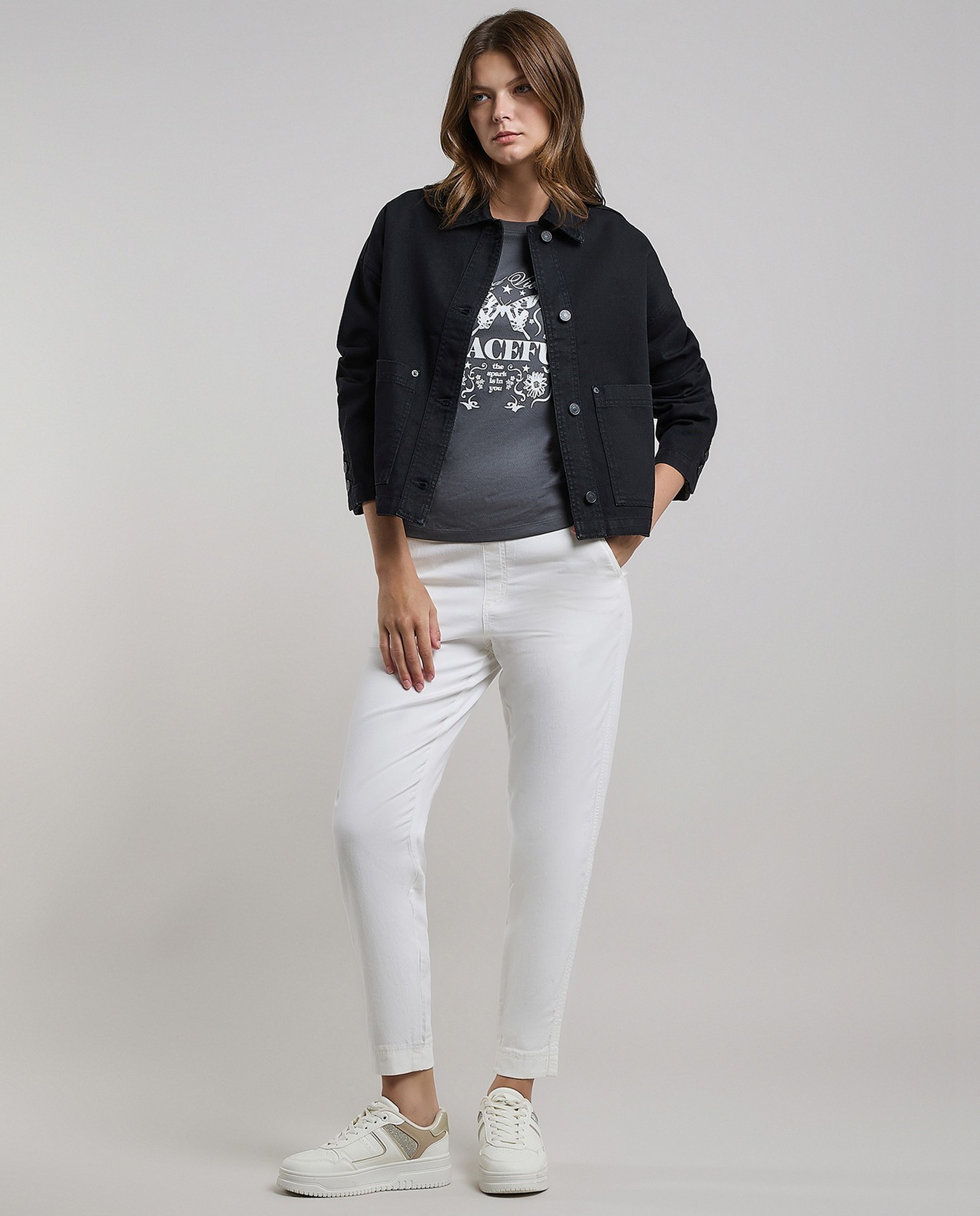 Solid Denim Jacket with Button Closure