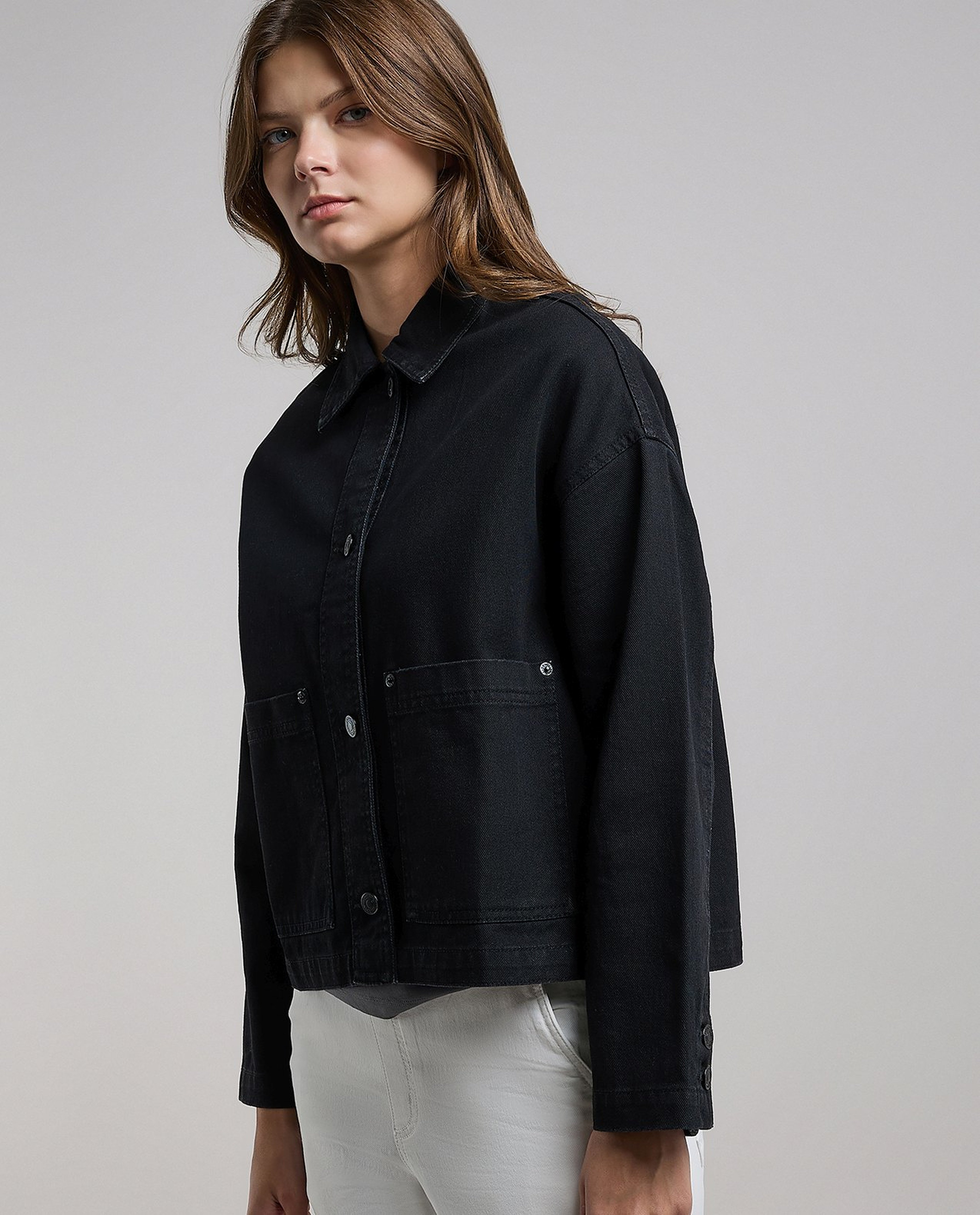 Solid Denim Jacket with Button Closure