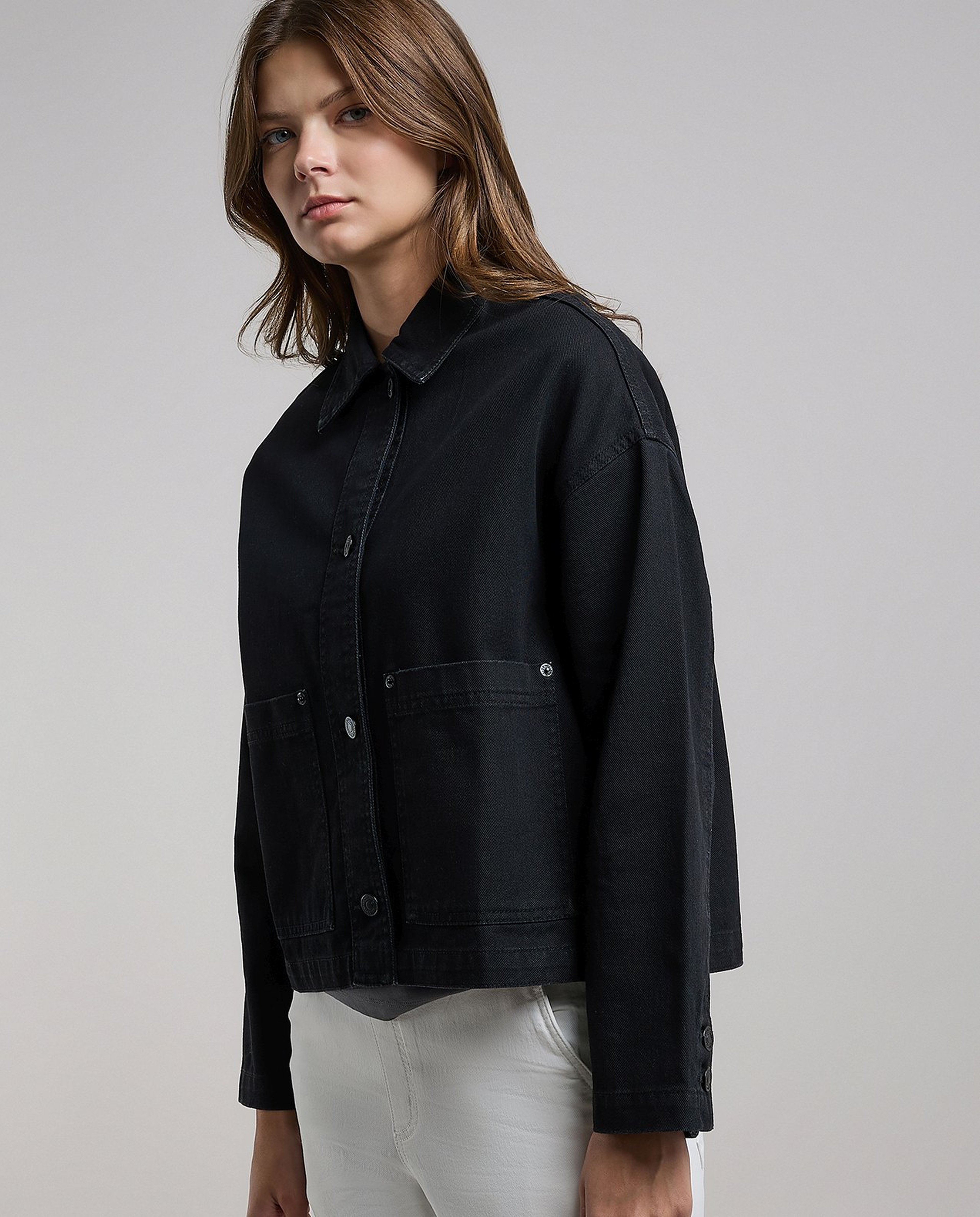 Solid Denim Jacket with Button Closure