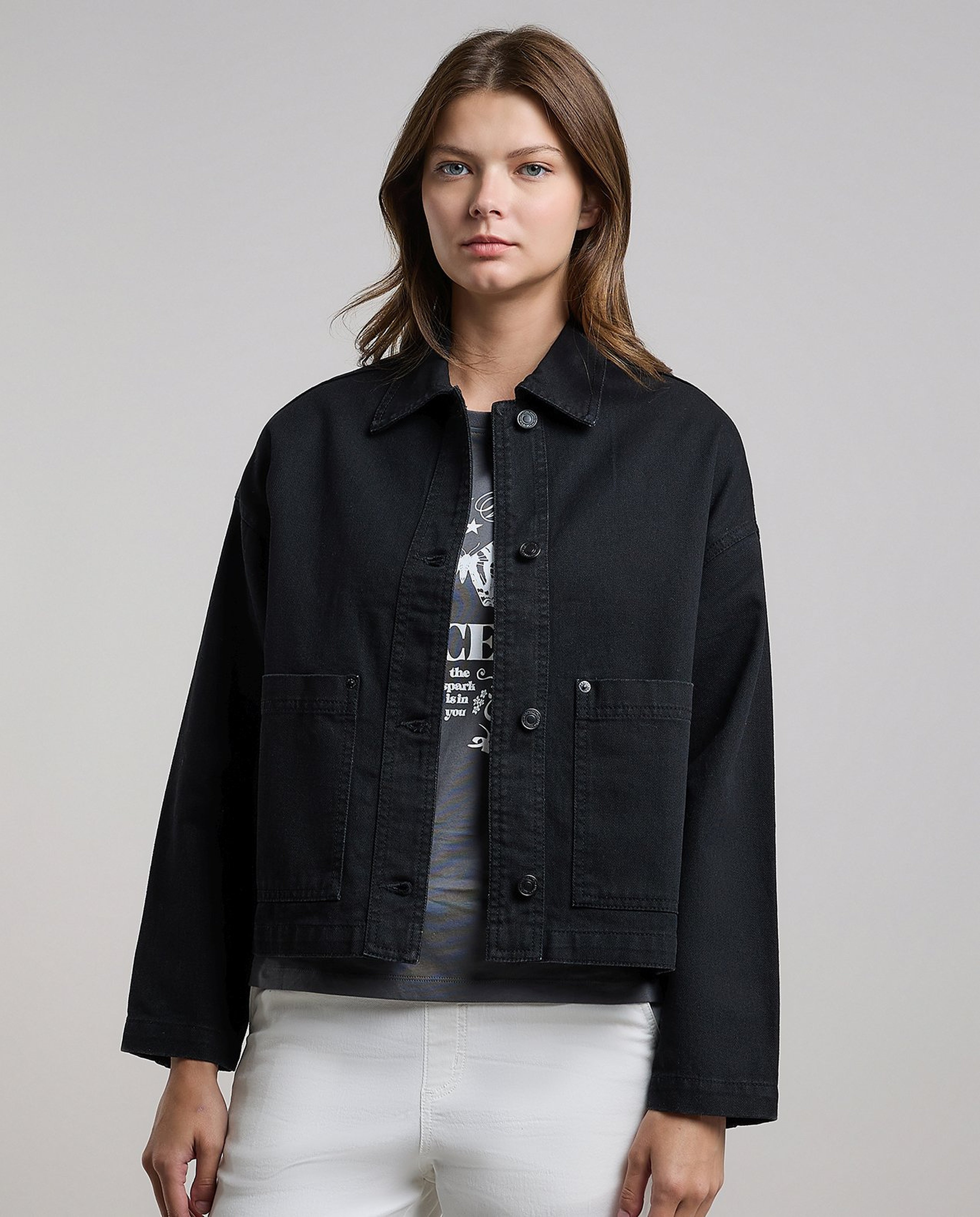 Solid Denim Jacket with Button Closure