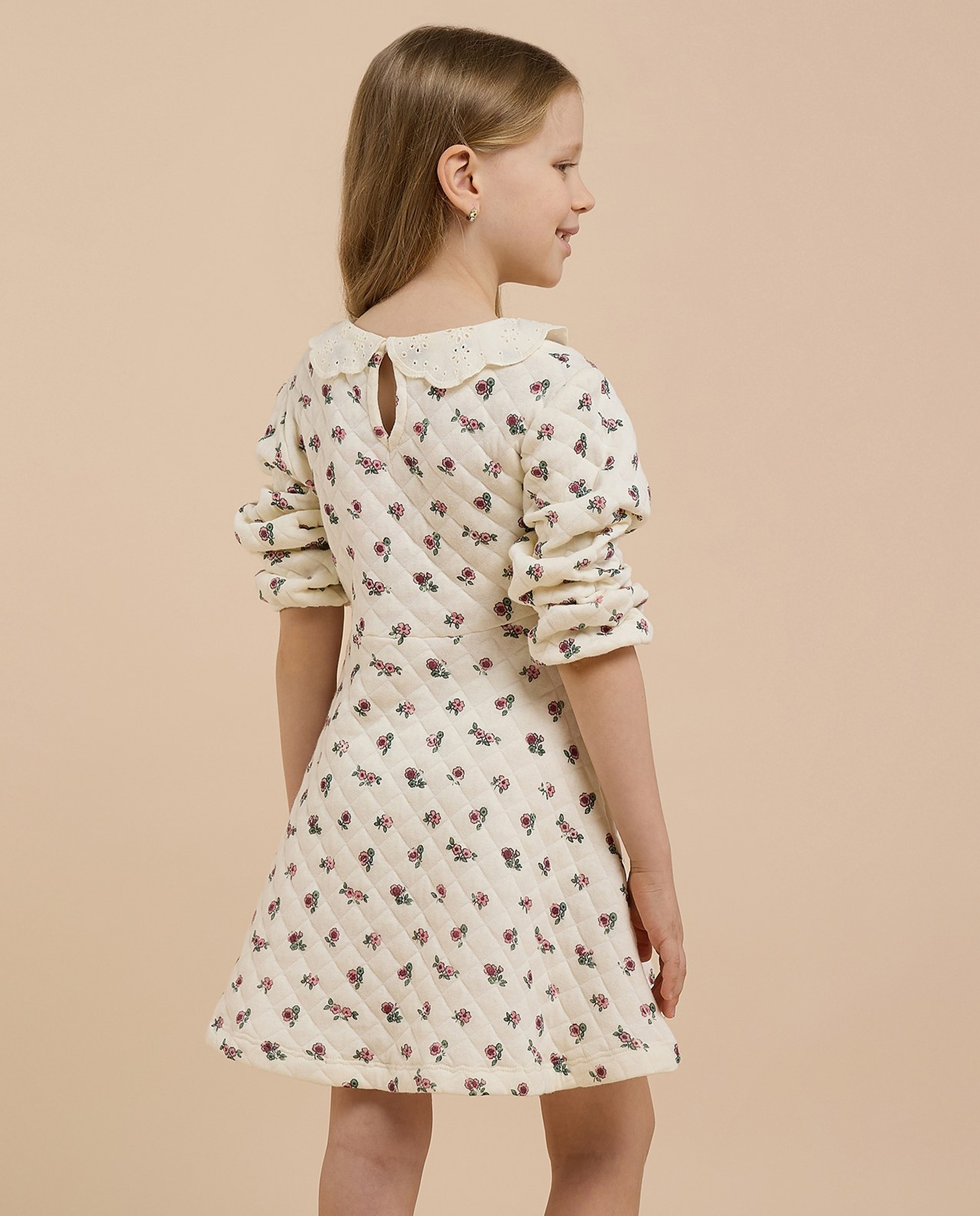 Printed A-Line Dress with Peter Pan Collar and Long Sleeves