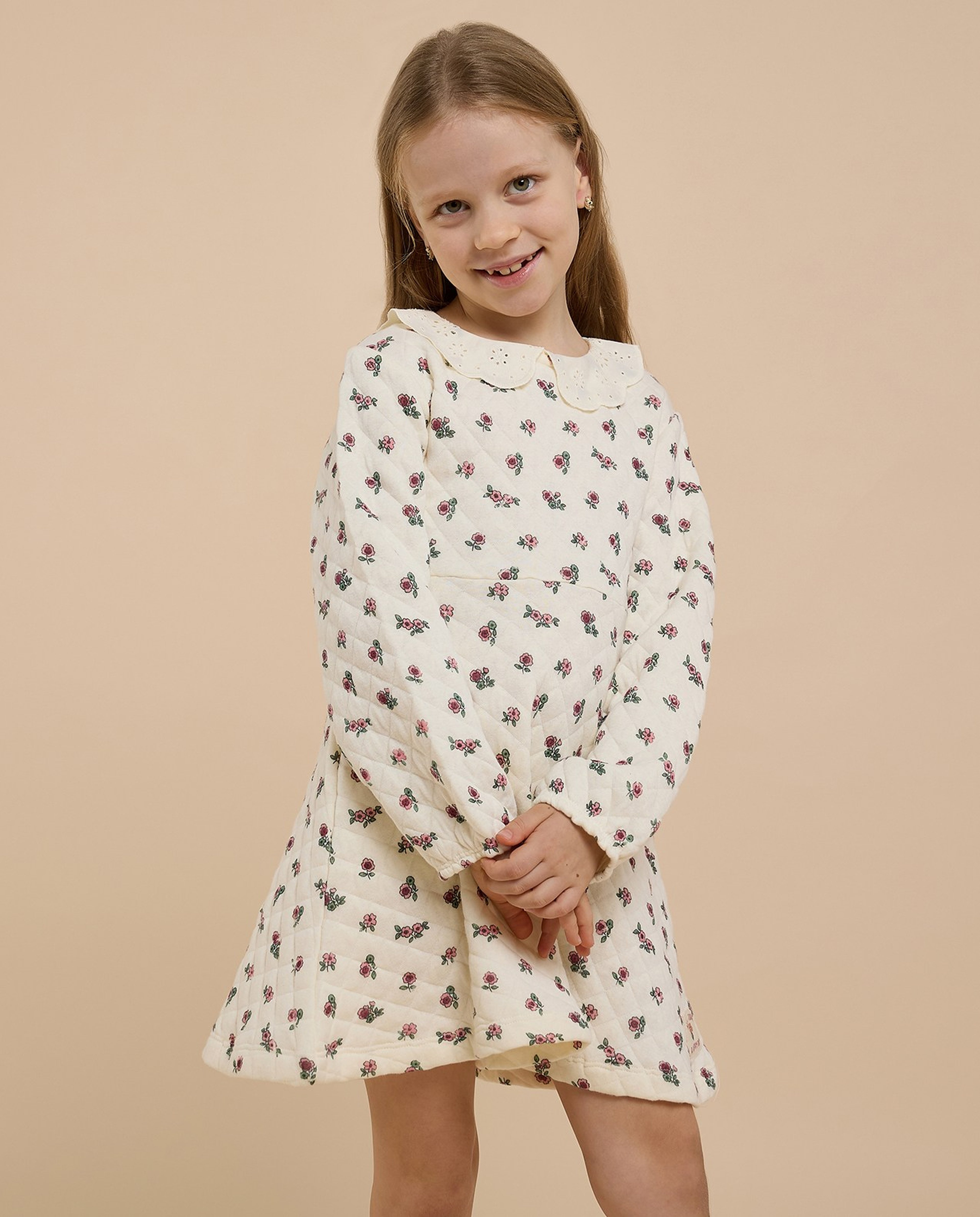 Printed A-Line Dress with Peter Pan Collar and Long Sleeves