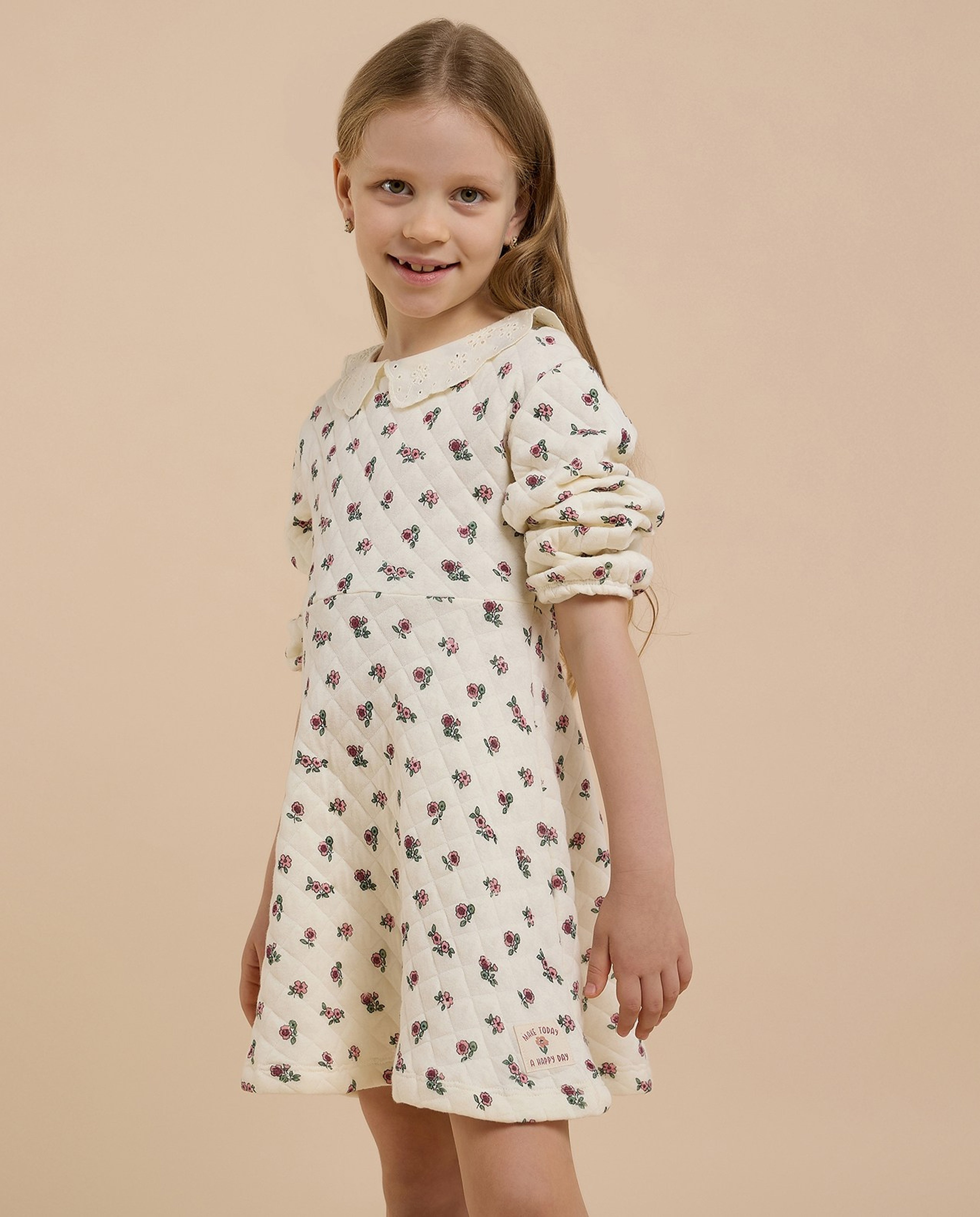 Printed A-Line Dress with Peter Pan Collar and Long Sleeves