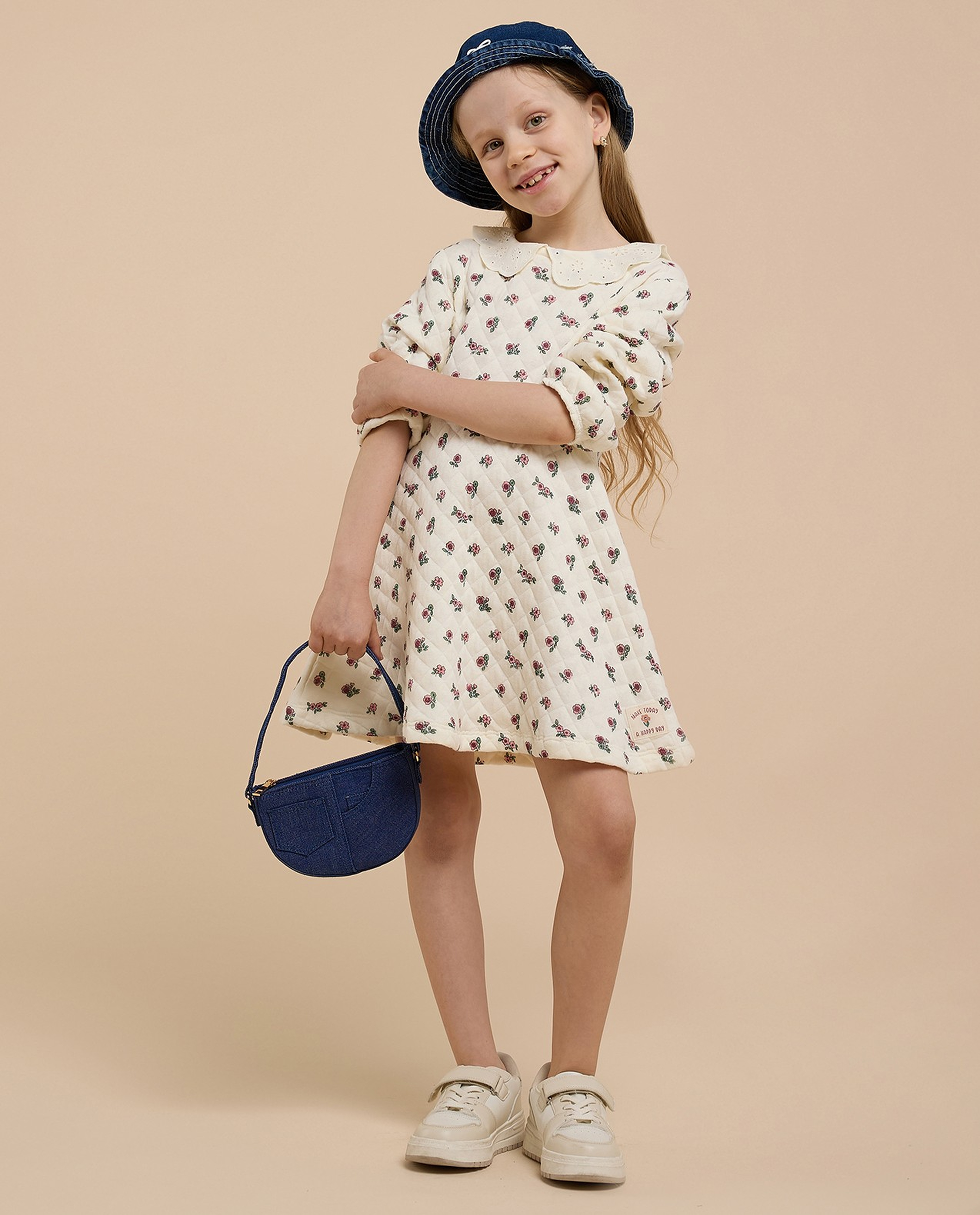 Printed A-Line Dress with Peter Pan Collar and Long Sleeves