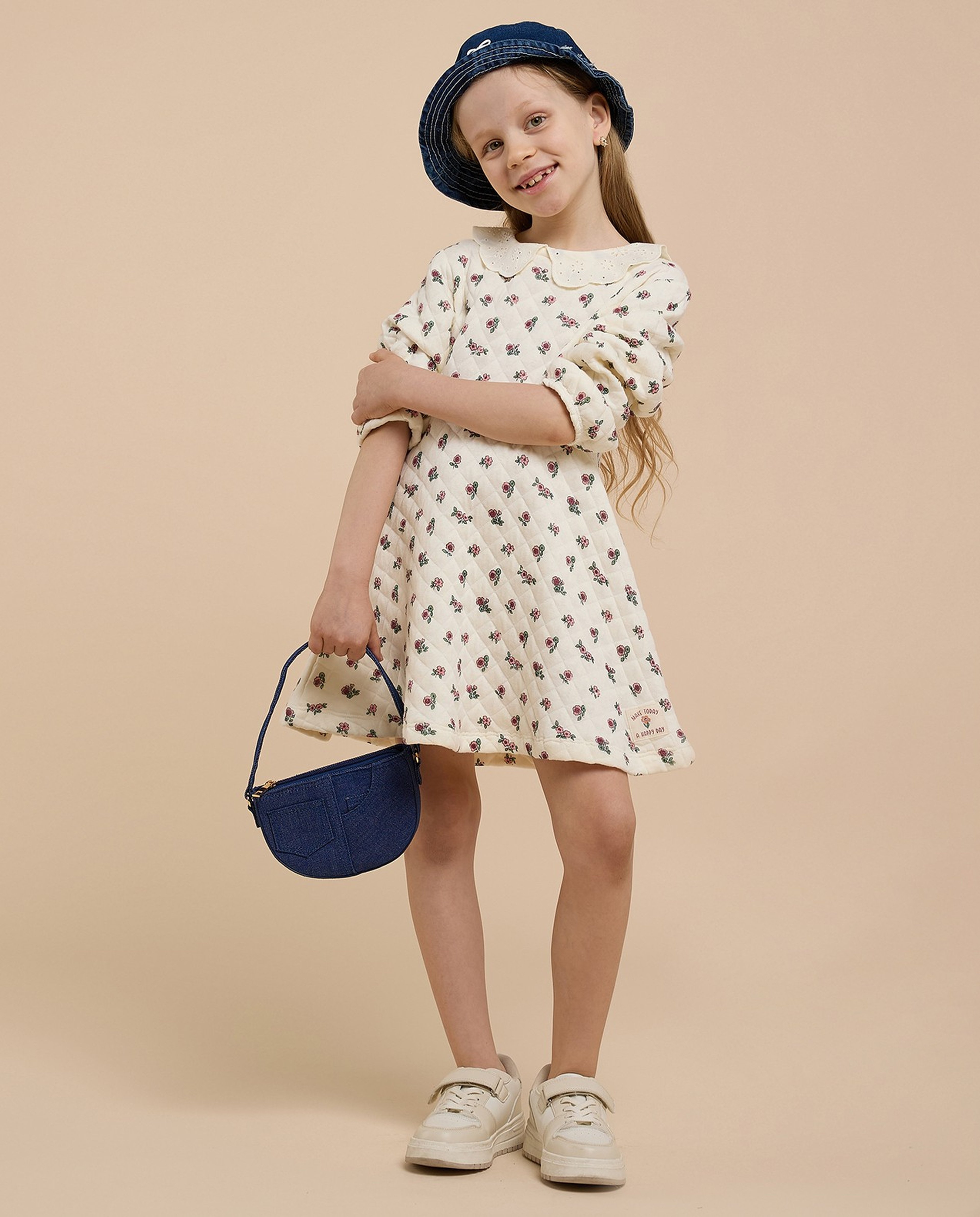 Printed A-Line Dress with Peter Pan Collar and Long Sleeves