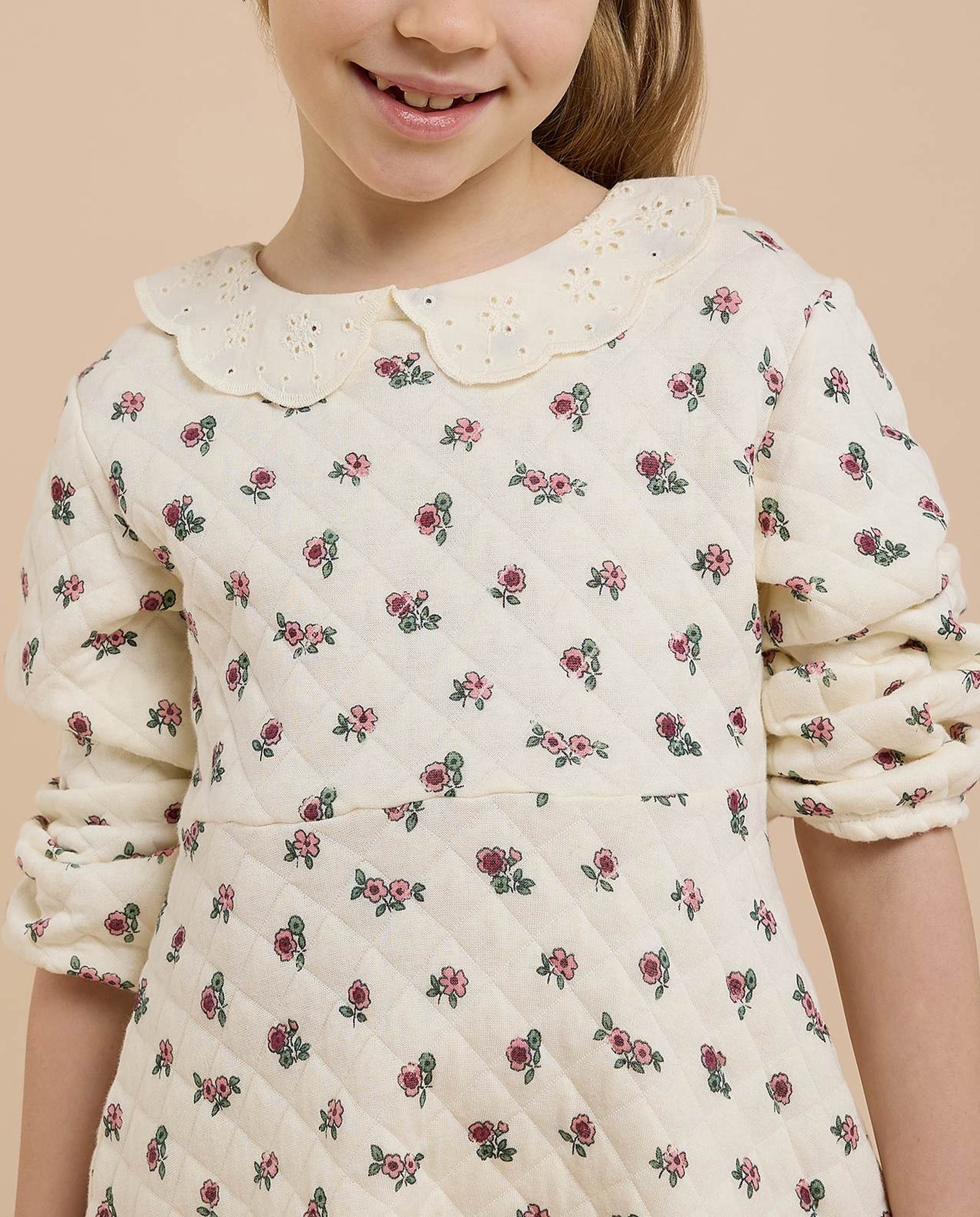 Printed A-Line Dress with Peter Pan Collar and Long Sleeves