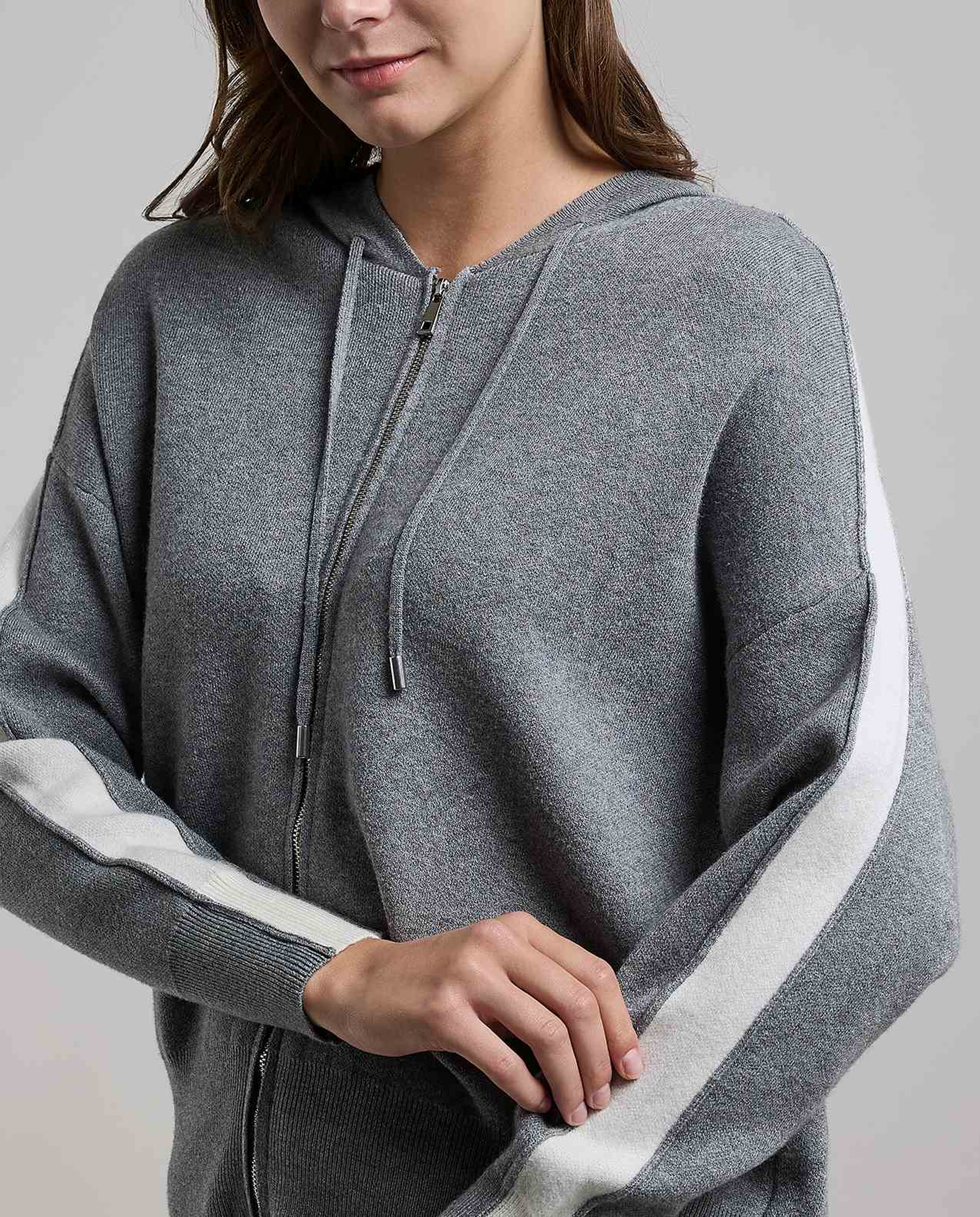 Stripe Detail Hooded Cardigan with Zipper Closure