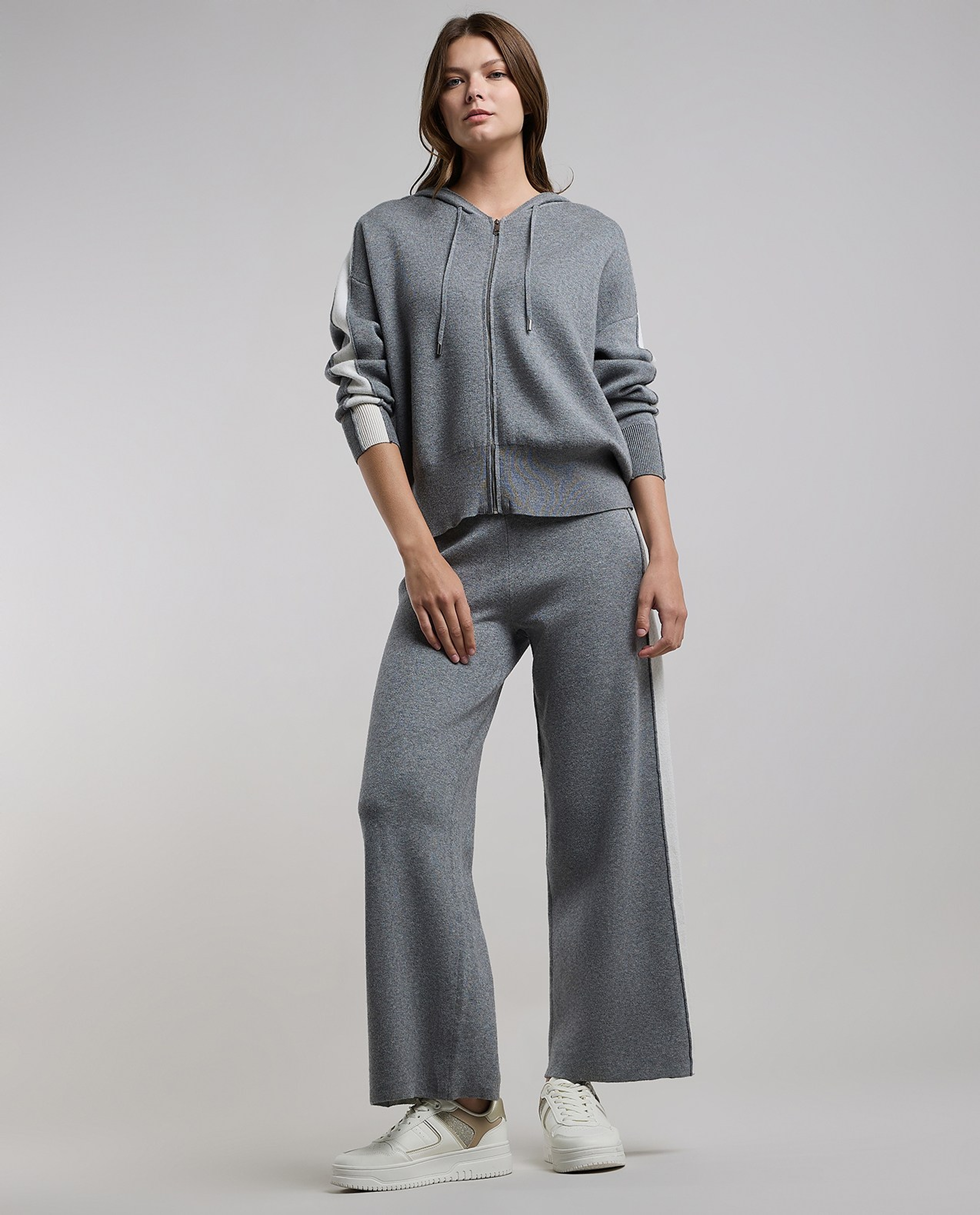 Stripe Detail Hooded Cardigan with Zipper Closure