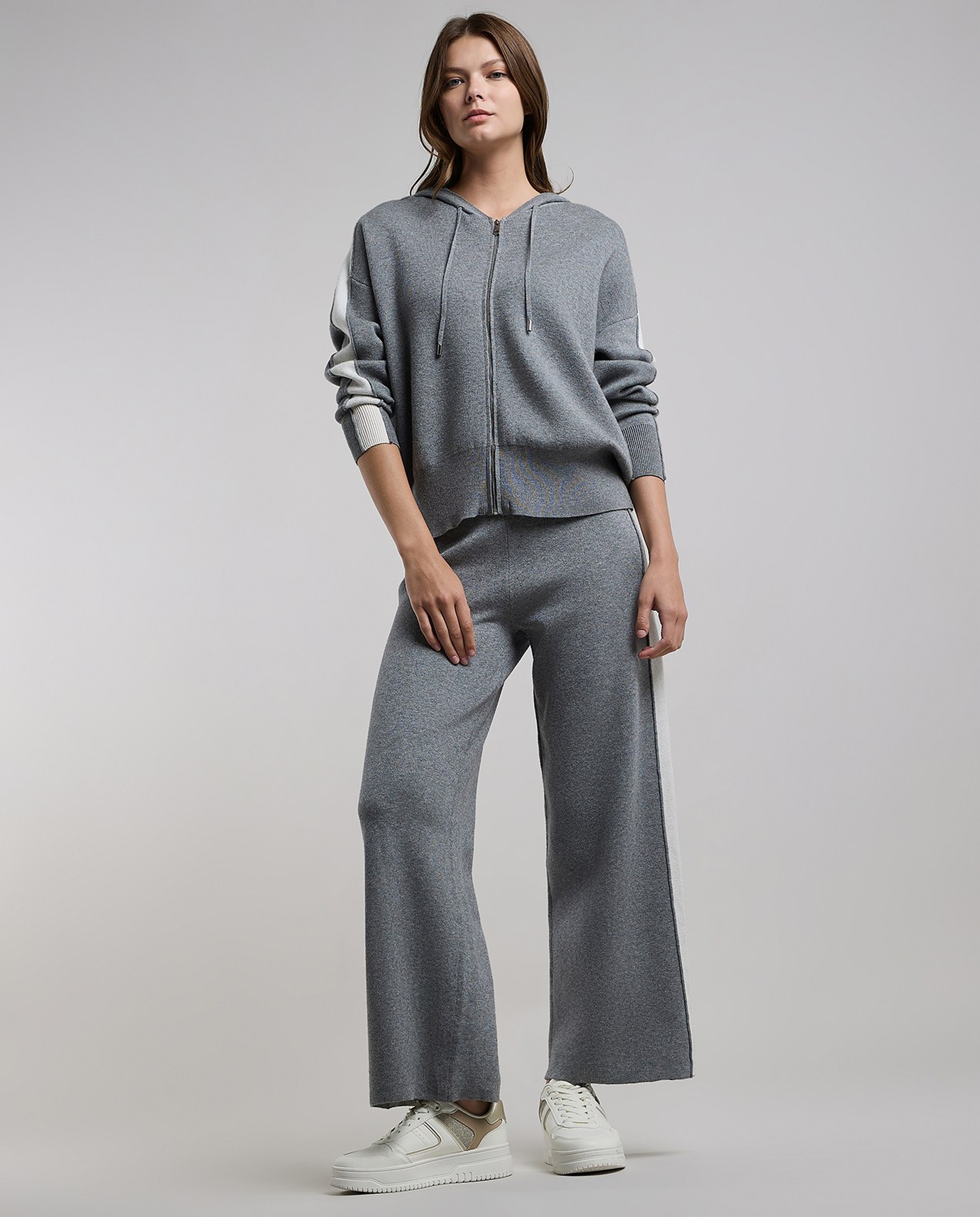 Stripe Detail Hooded Cardigan with Zipper Closure