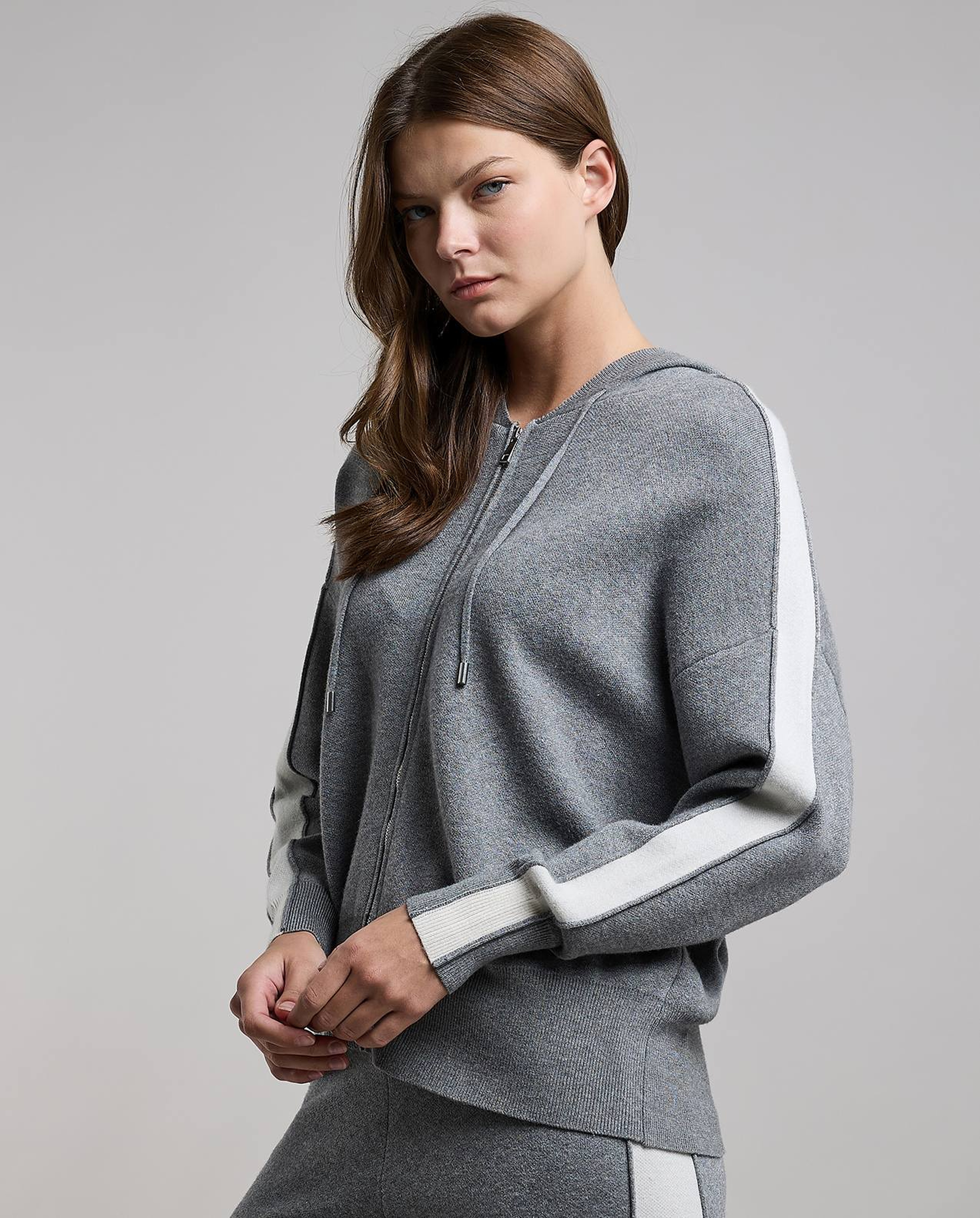 Stripe Detail Hooded Cardigan with Zipper Closure