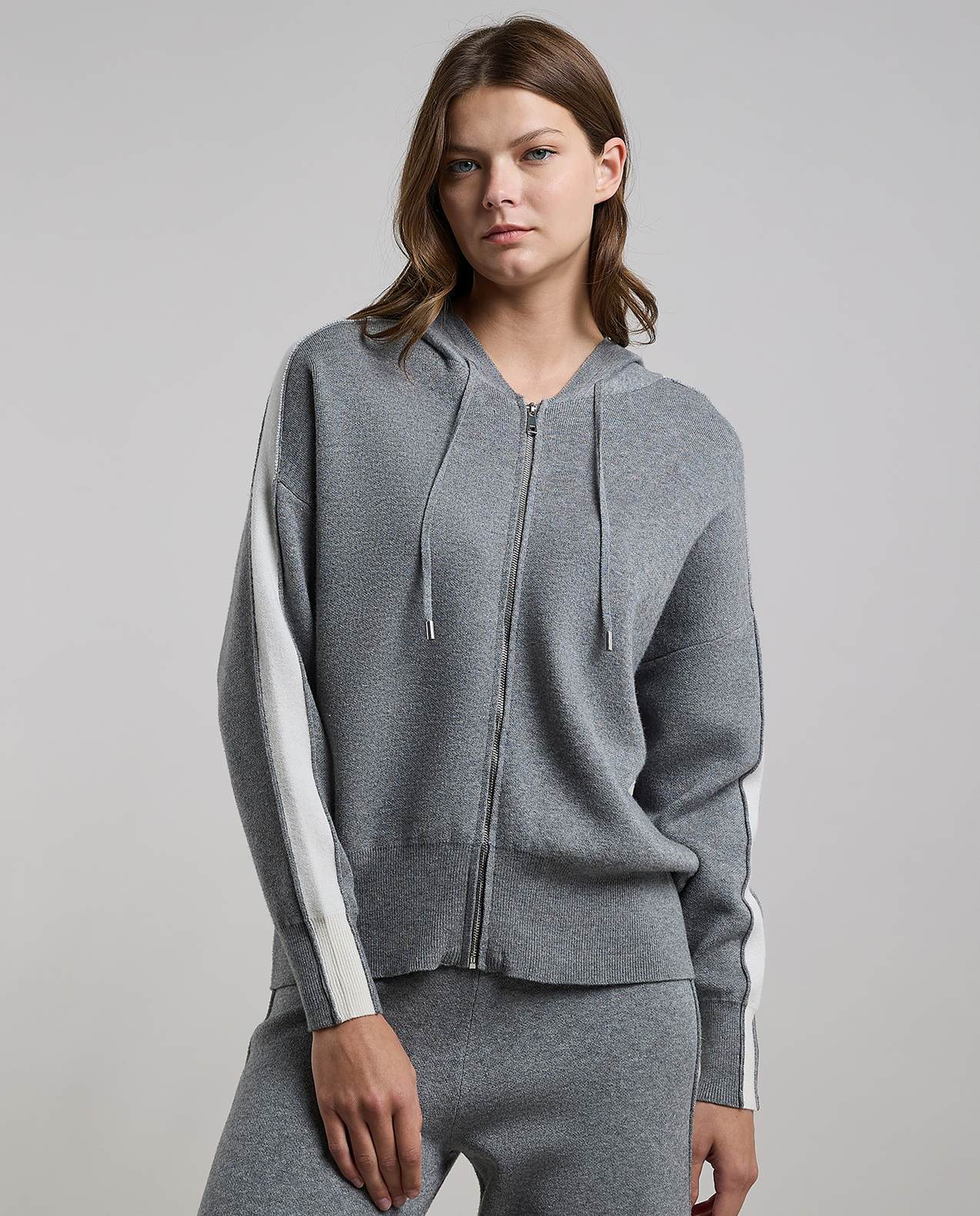 Stripe Detail Hooded Cardigan with Zipper Closure