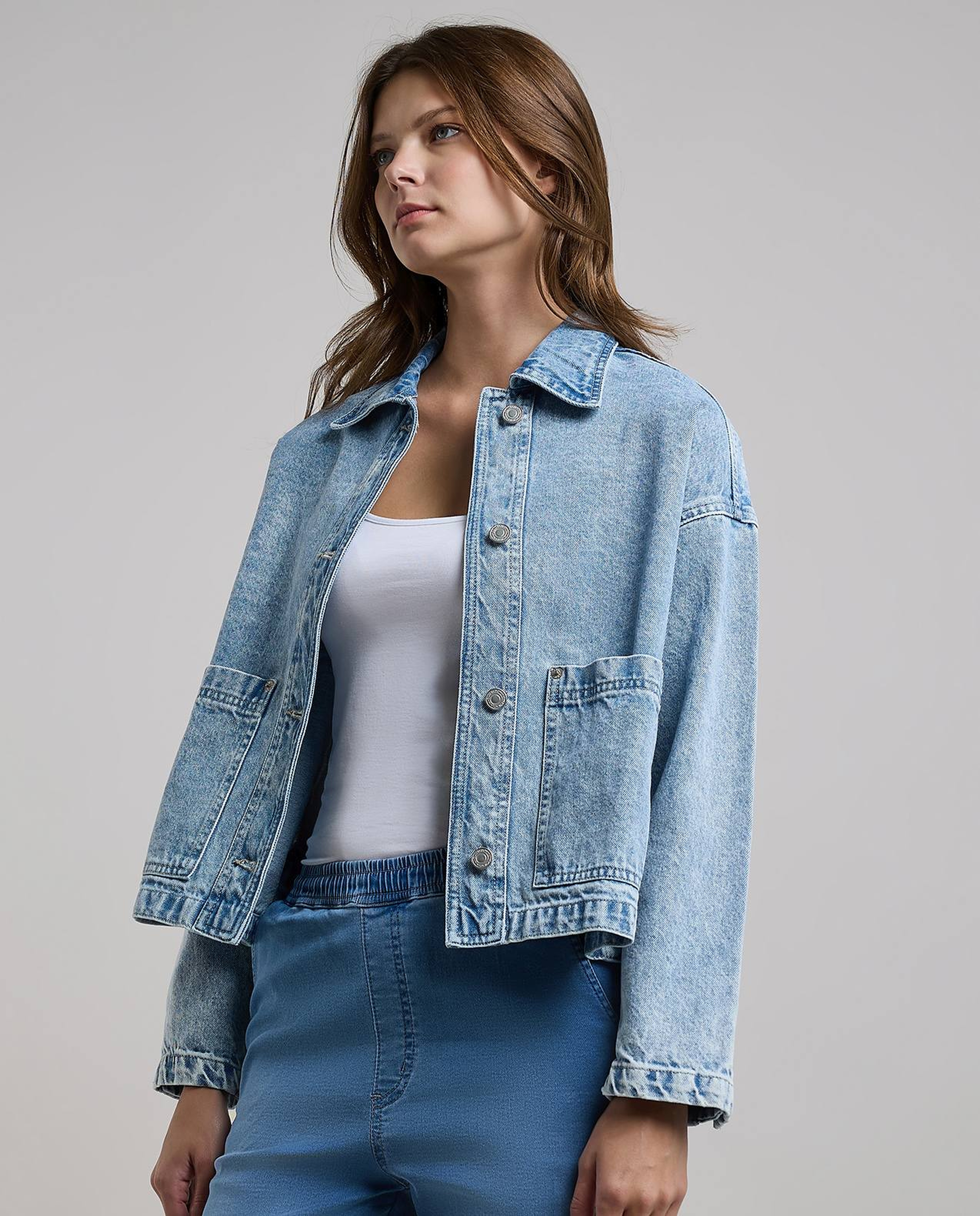 Washed Denim Jacket with Button Closure