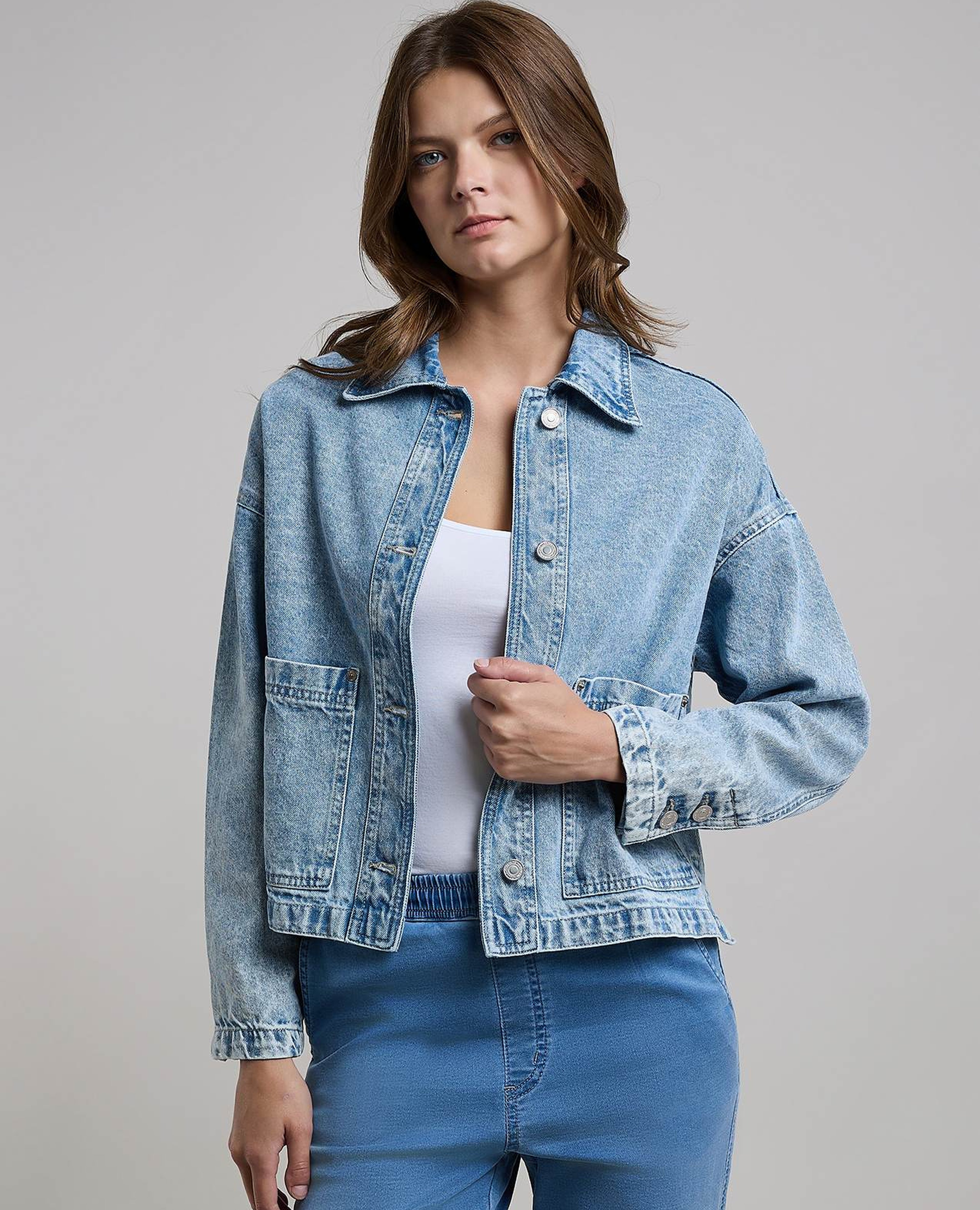 Washed Denim Jacket with Button Closure