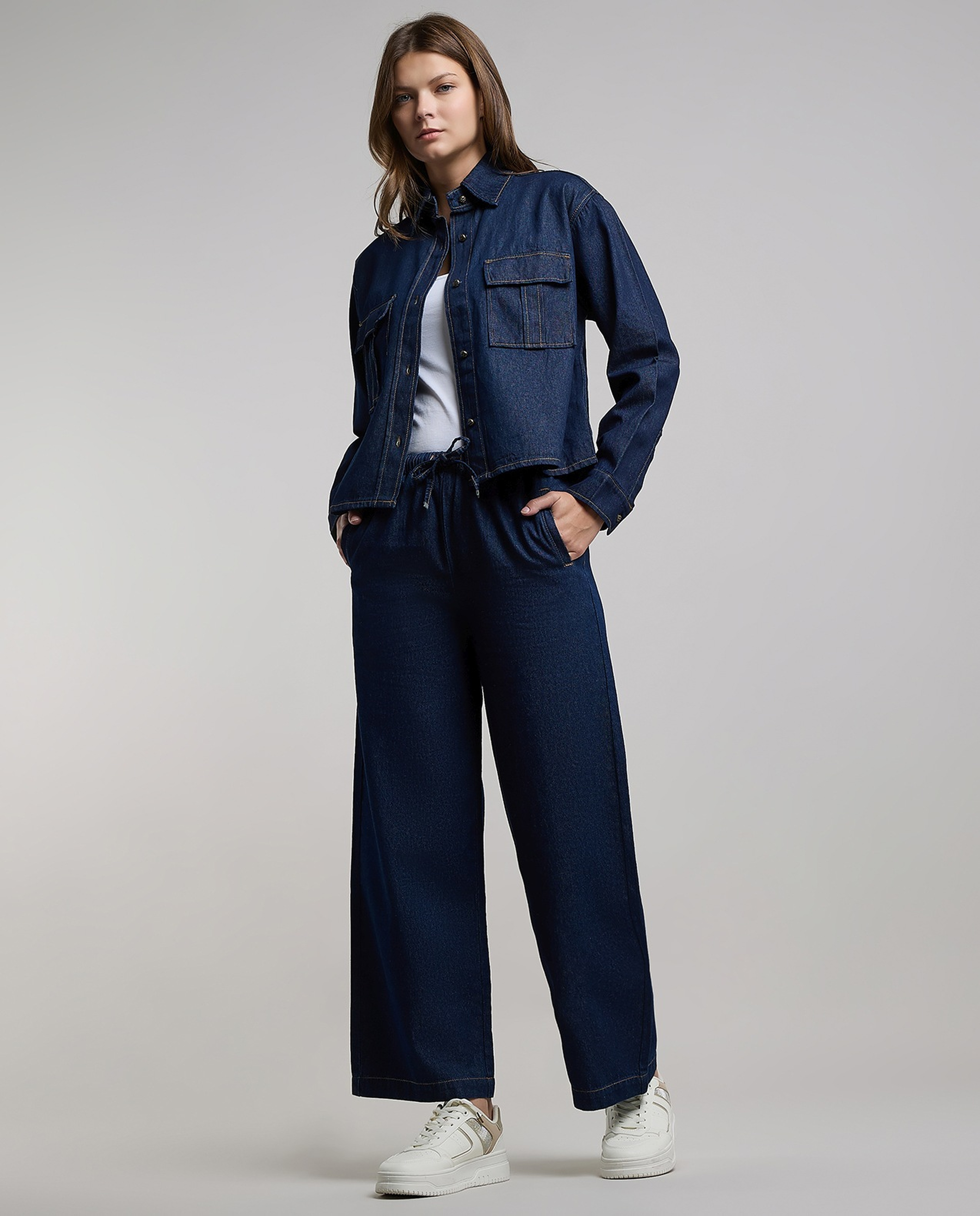 Washed Wide Leg Jeans with Button Closure