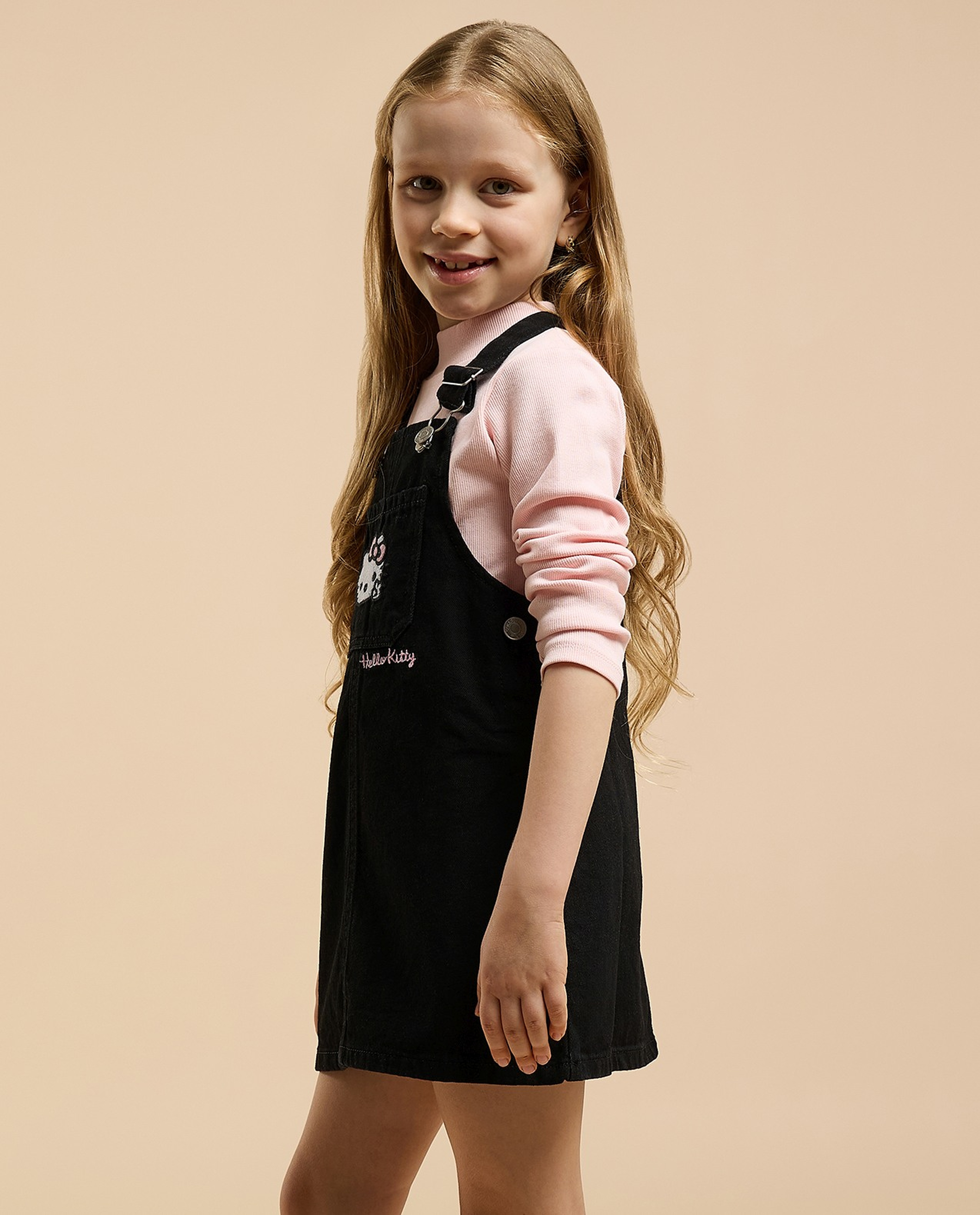 Solid Top & Hello Kitty Dungaree Dress Set