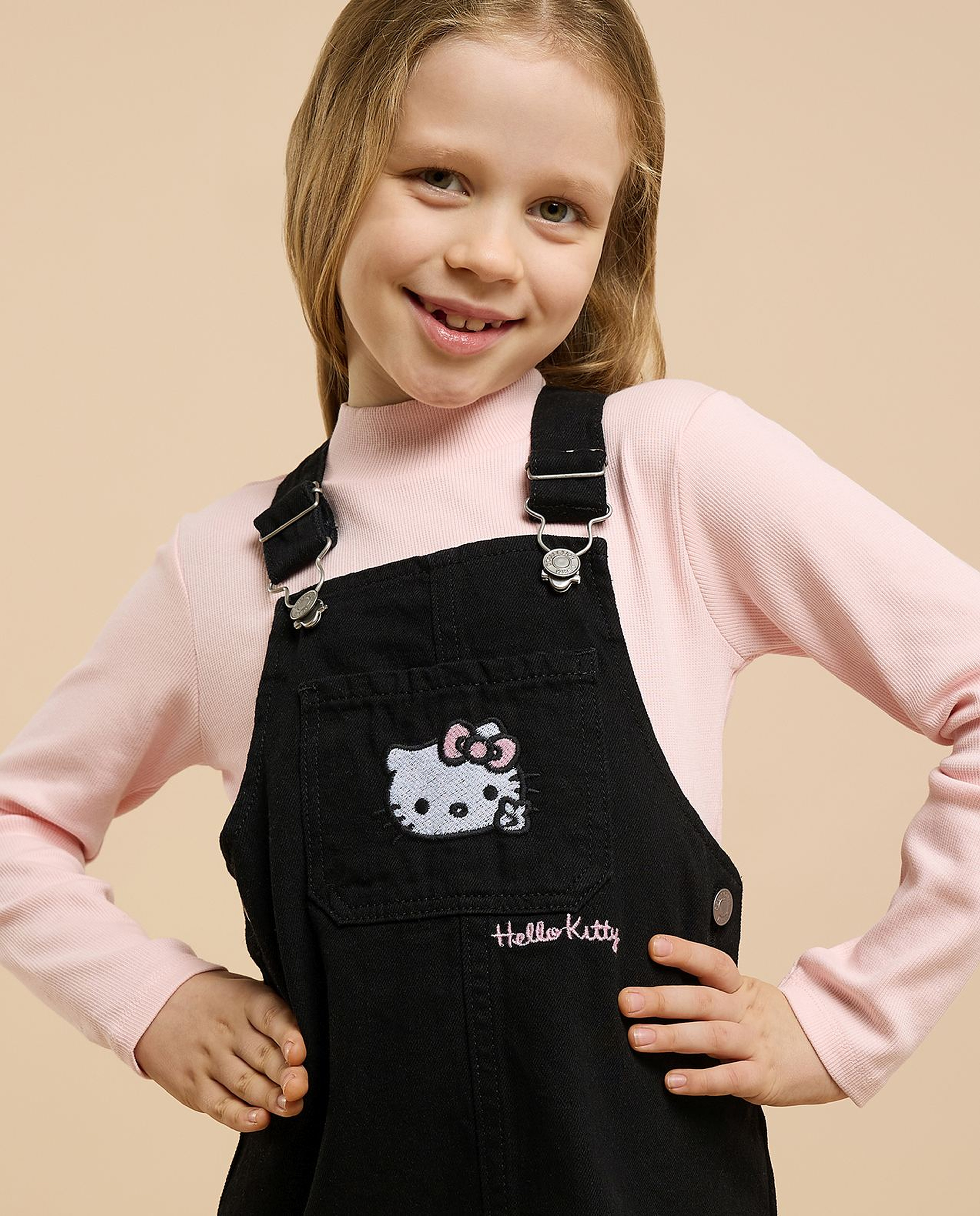 Solid Top & Hello Kitty Dungaree Dress Set